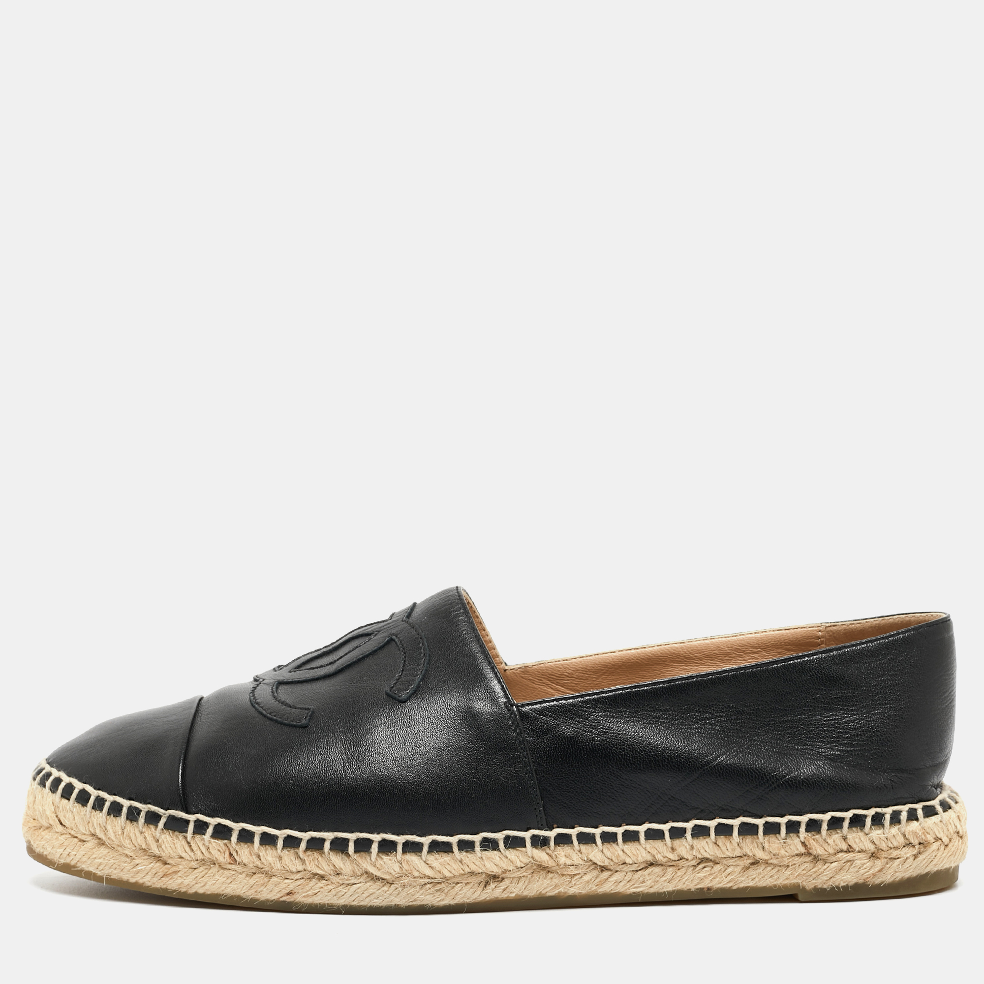Chanel Black Leather CC Espadrille Ballet Flats Size 42