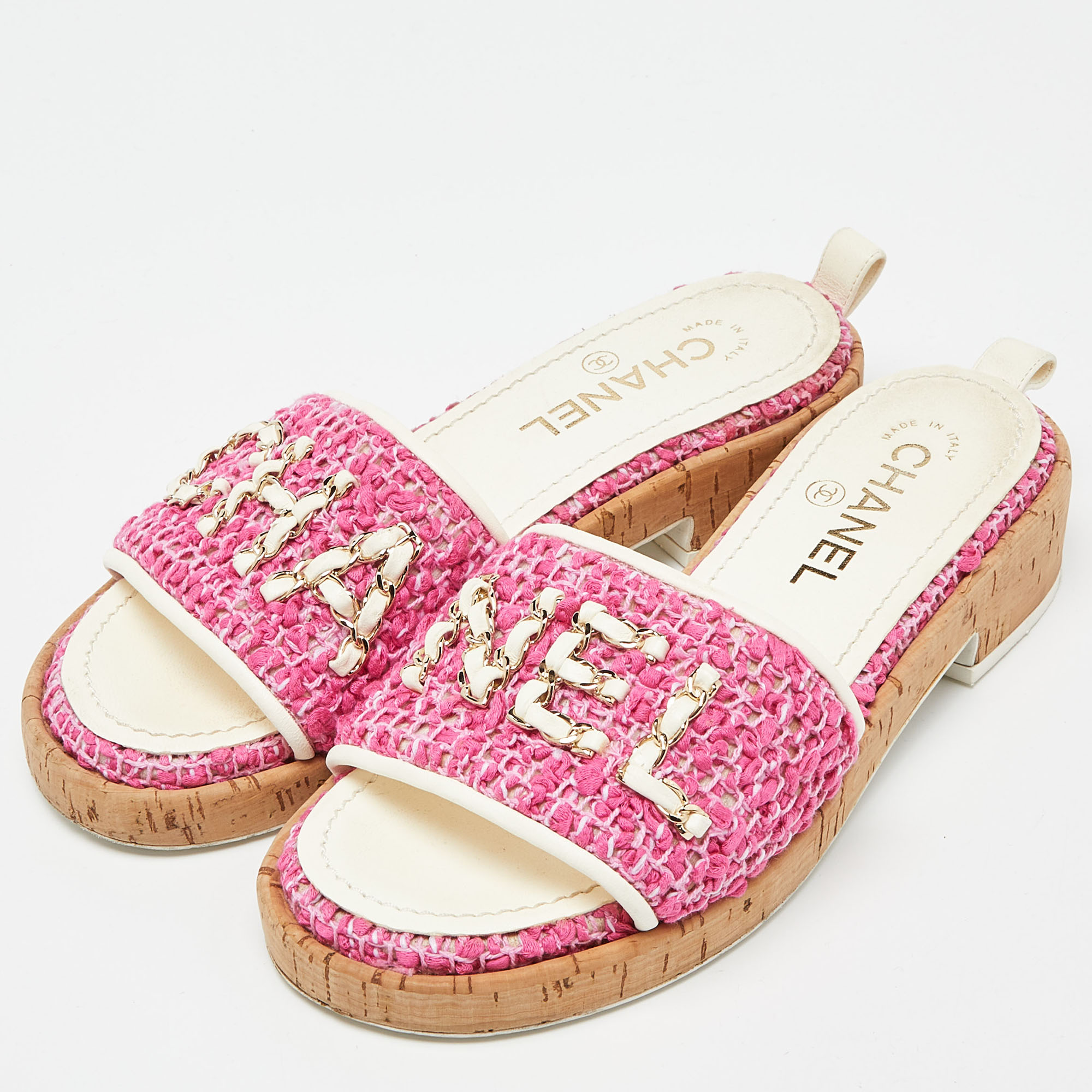 

Chanel Pink/White Tweed and Leather Chain Detail Cork Slide Sandals Size, Multicolor