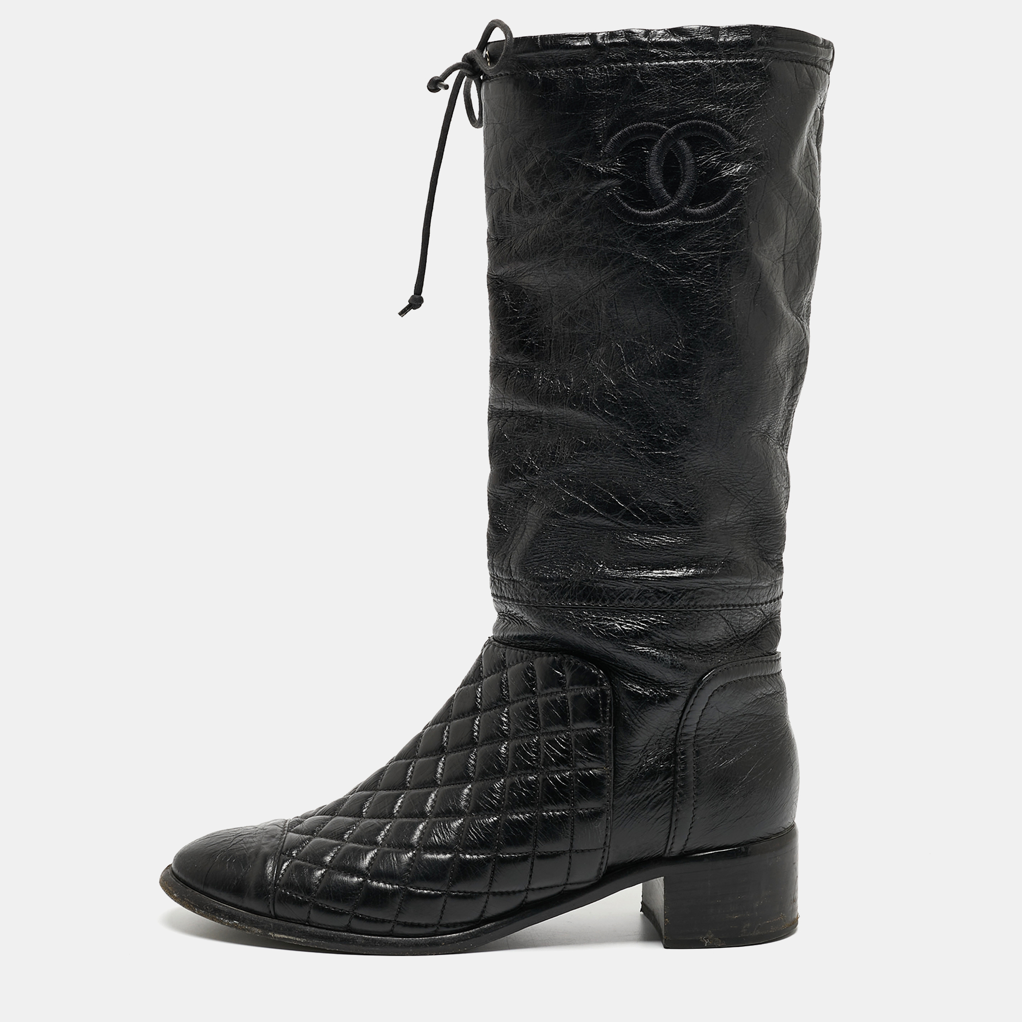 Pre-owned Chanel Black Quilted Leather Cc Mid Calf Boots Size 39