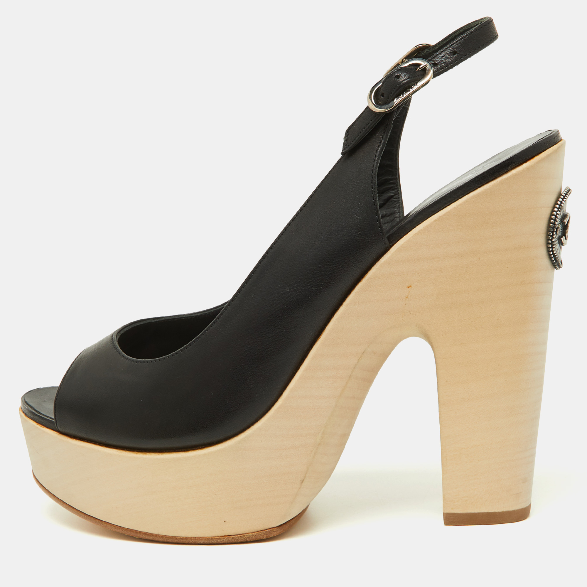 Pre-owned Chanel Black Leather Wooden Block Heel Slingback Platform Pumps Size 39