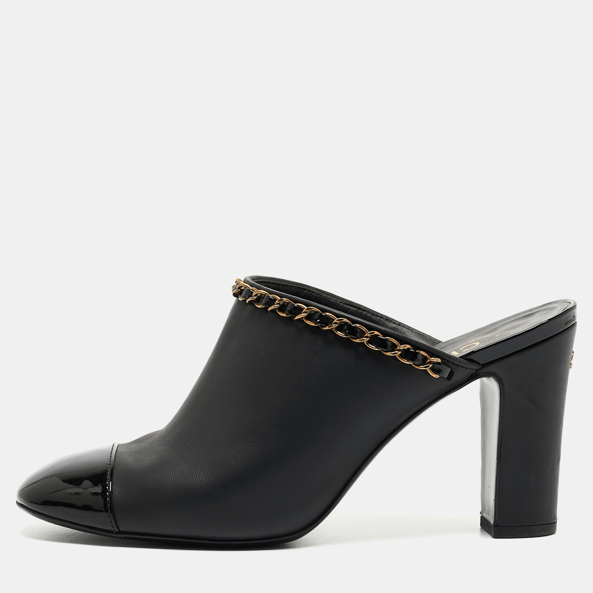 Chanel Black Leather and Patent Cap Toe Chain Link CC Mules Size 40