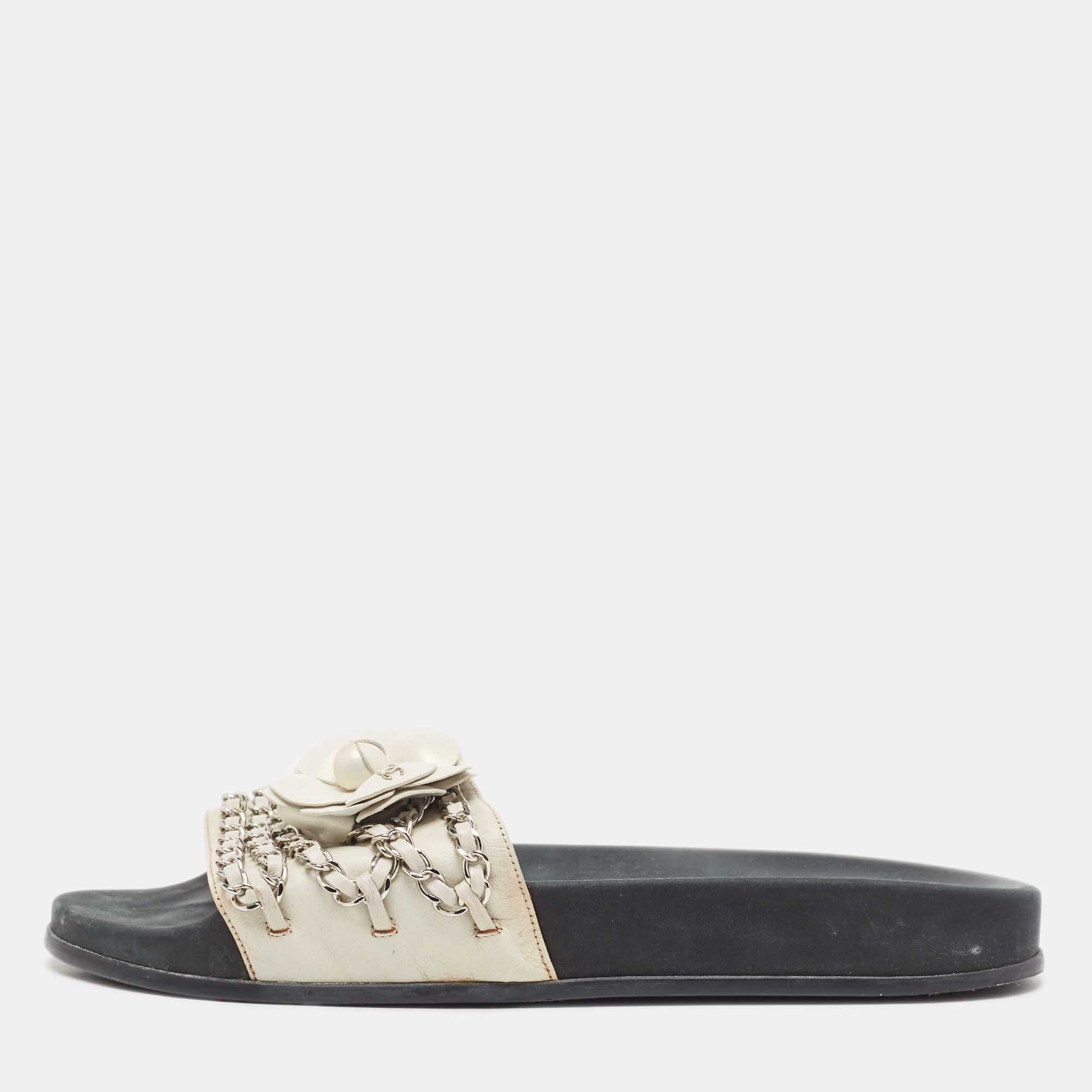 

Chanel Grey Leather Tropiconic Flat Slides Size Size