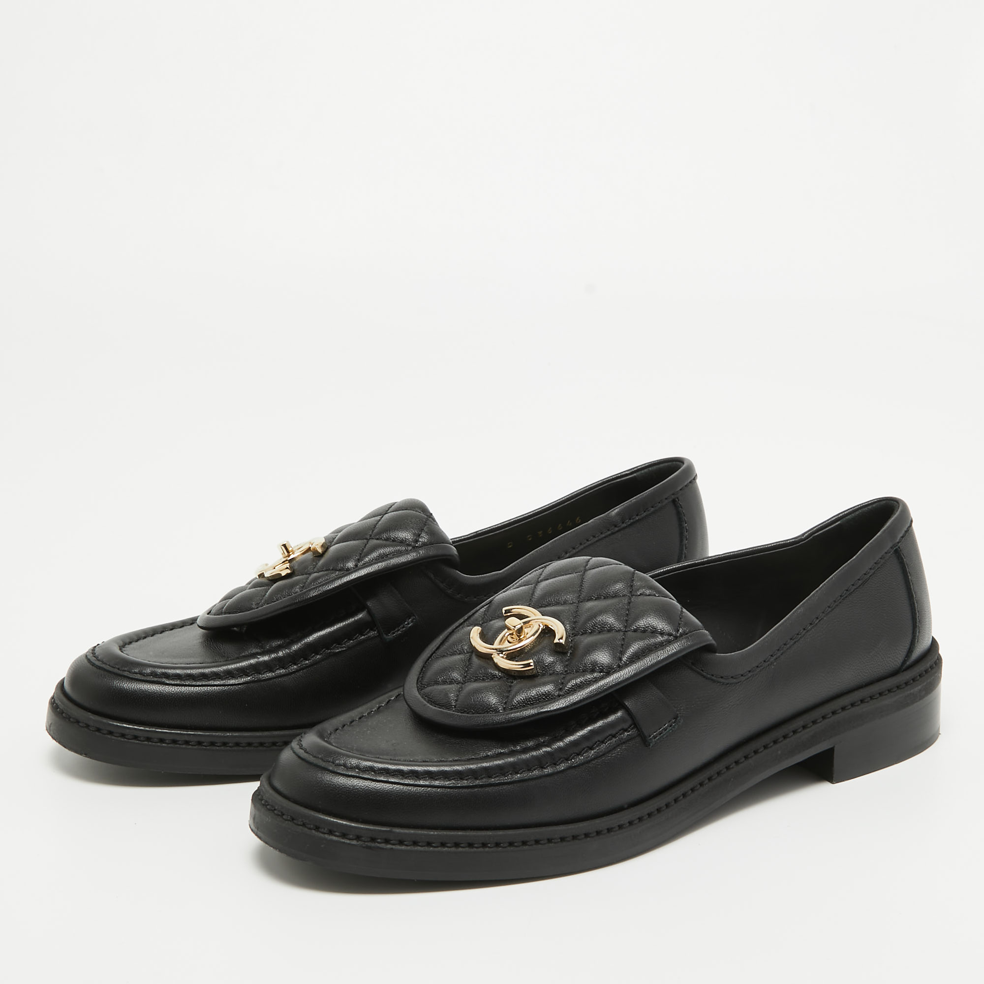 

Chanel Black Quilted Leather CC Turnlock Loafers Size
