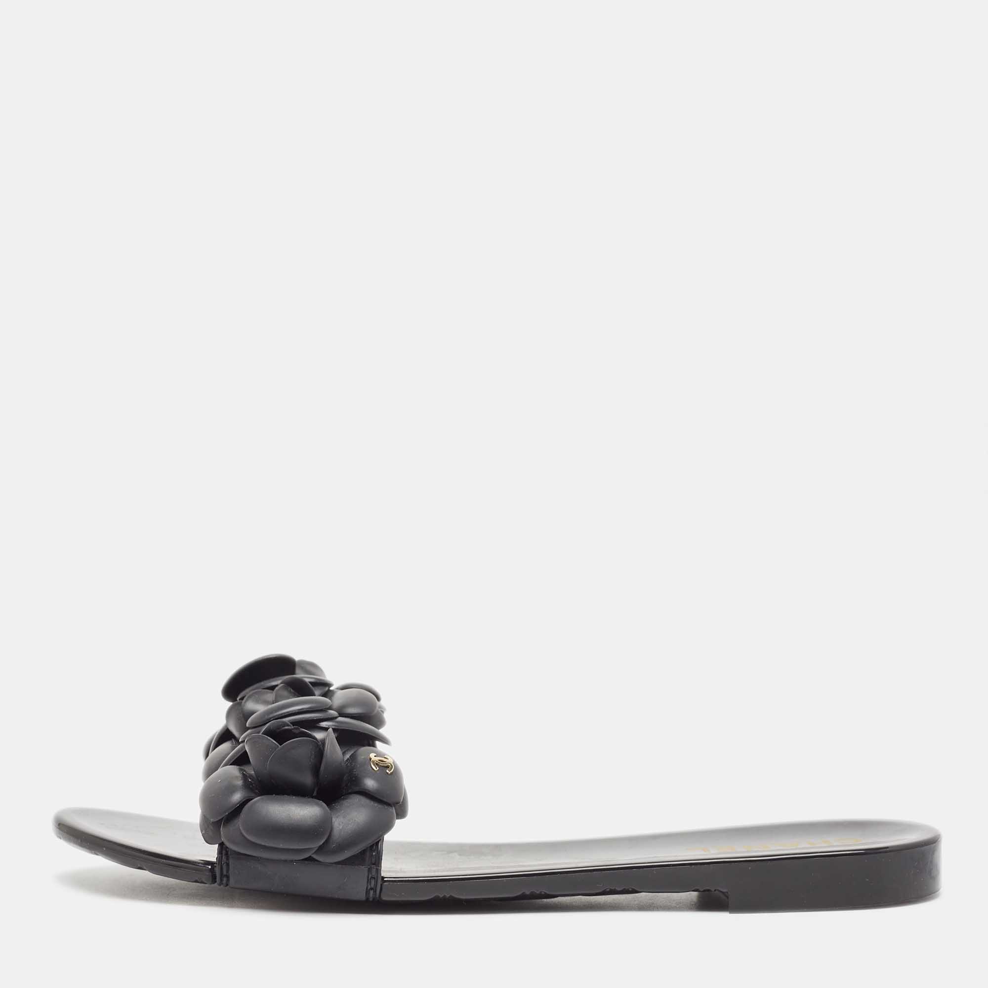 

Chanel Black Rubber CC Camellia Flat Slides Size