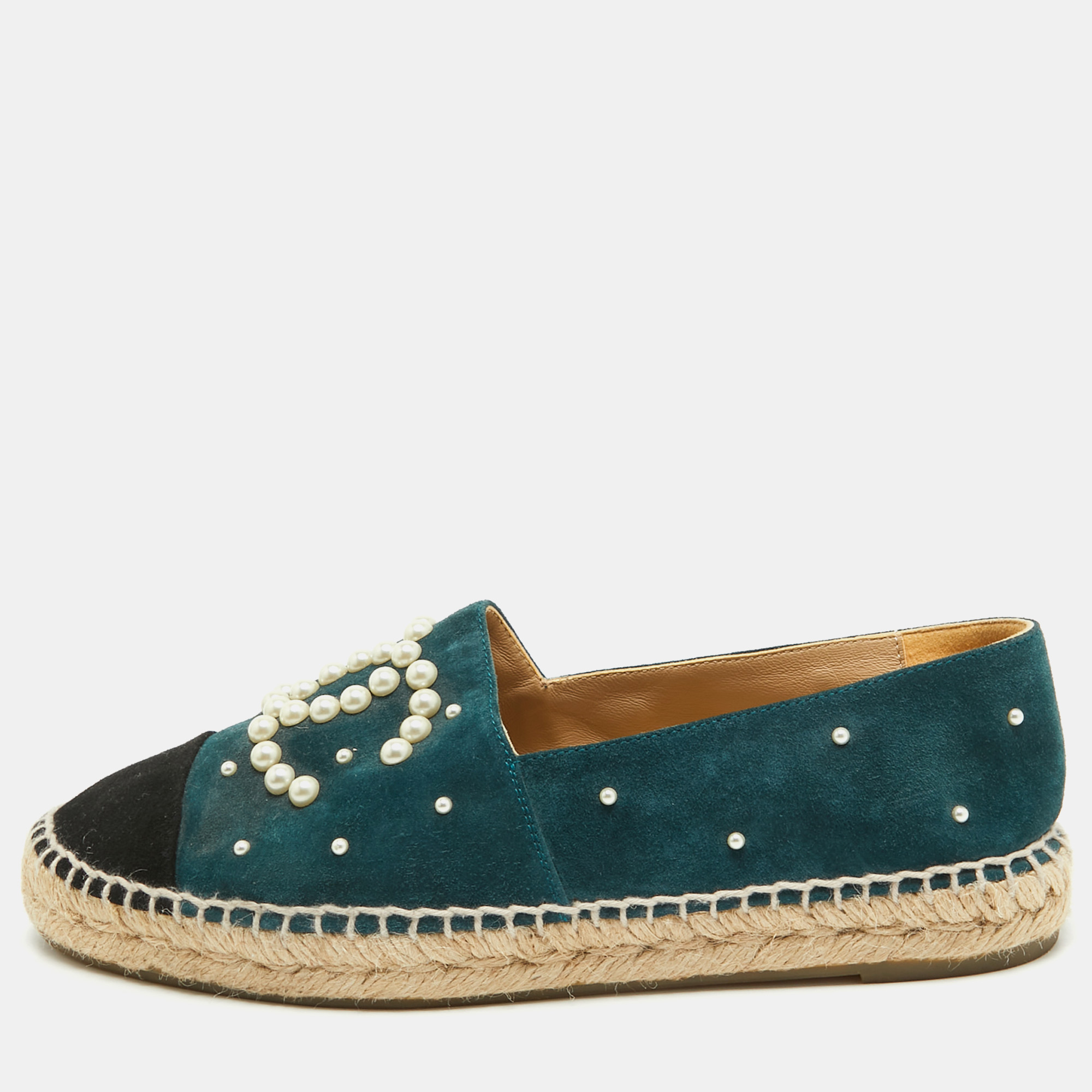 

Chanel Green/Black Suede CC Cap Toe Espadrille Flats Size