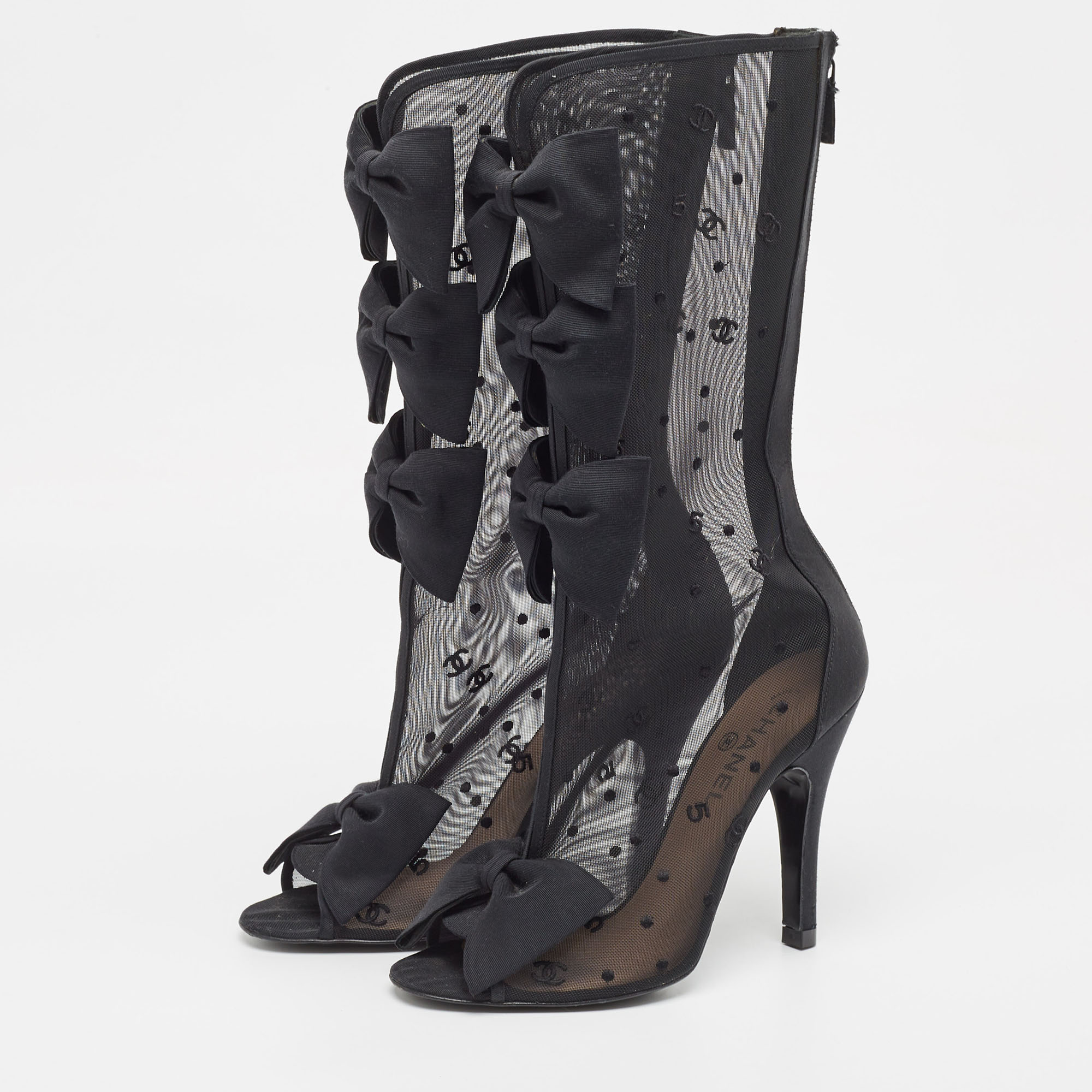 

Chanel Black Mesh and Canvas Bow Embellished Calf length Boots Size