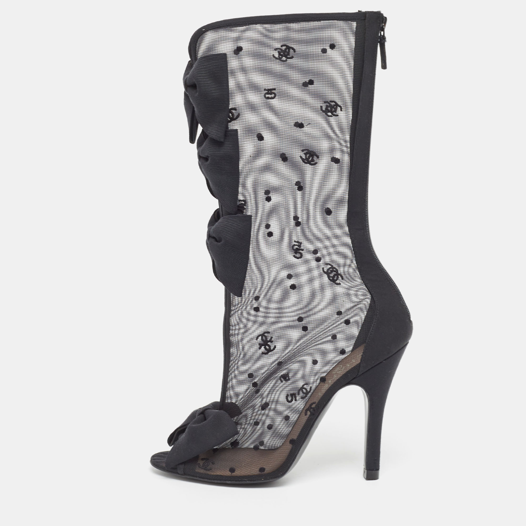 Chanel Black Mesh and Canvas Bow Embellished  Calf length Boots Size 39