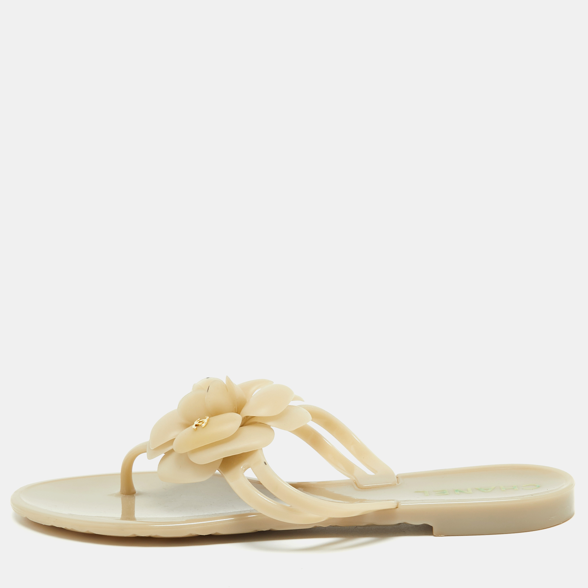 

Chanel Beige Rubber CC Camelia Thong Flats Size