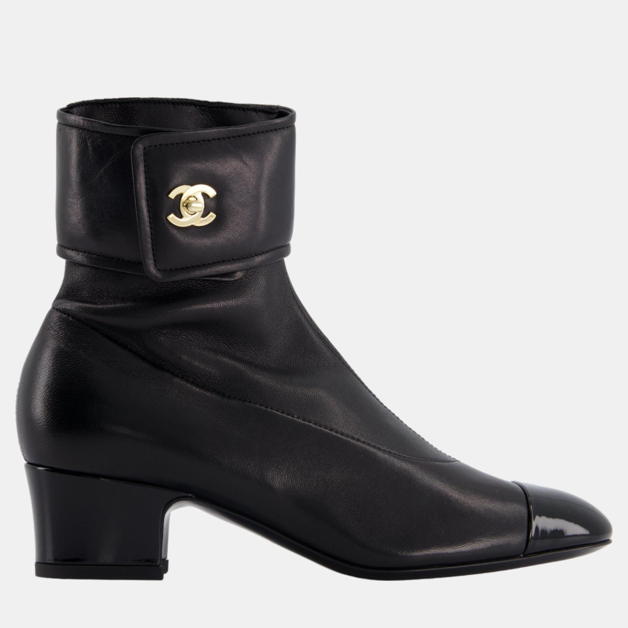 

Chanel Black Leather Ankle Boots with Patent Toe and Champagne Gold CC Logo Detail Size EU