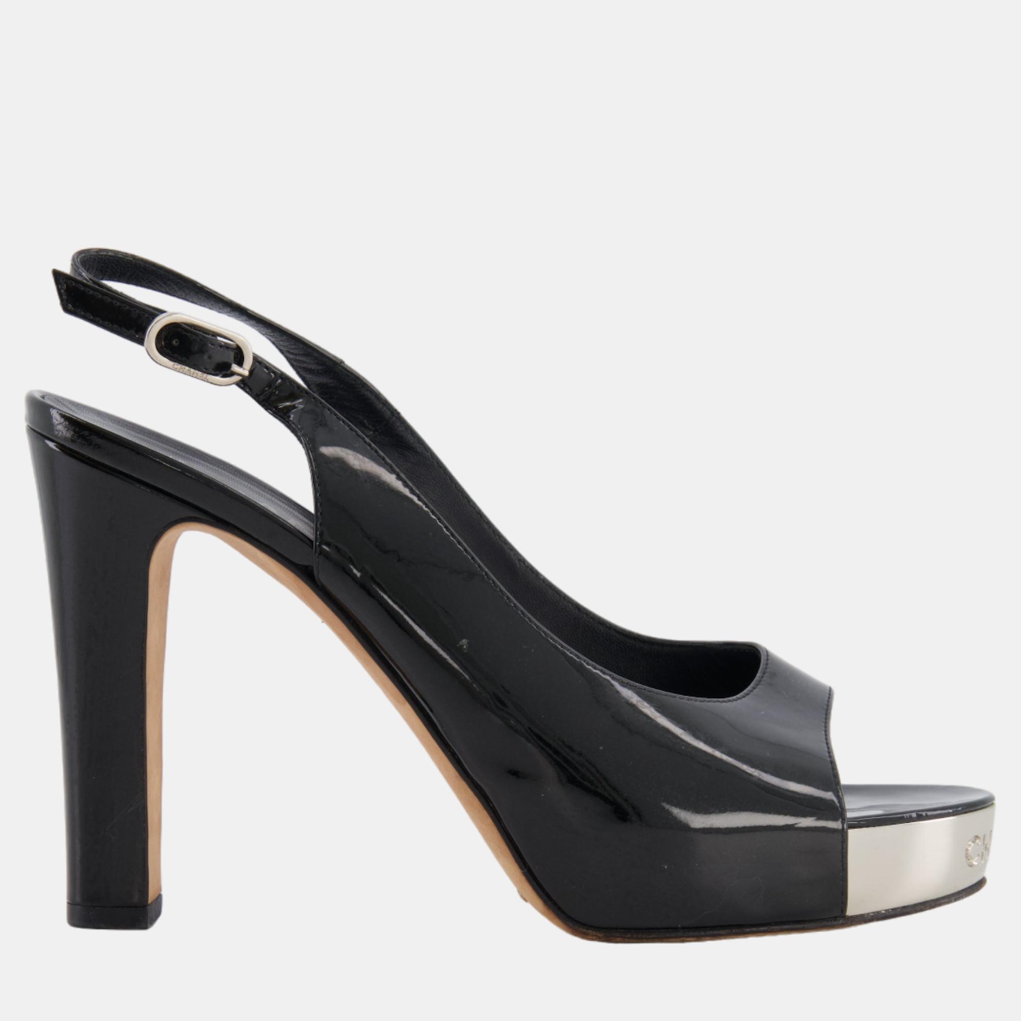 

Chanel Black Patent Leather Pumps with Silver Logo Detail Size EU