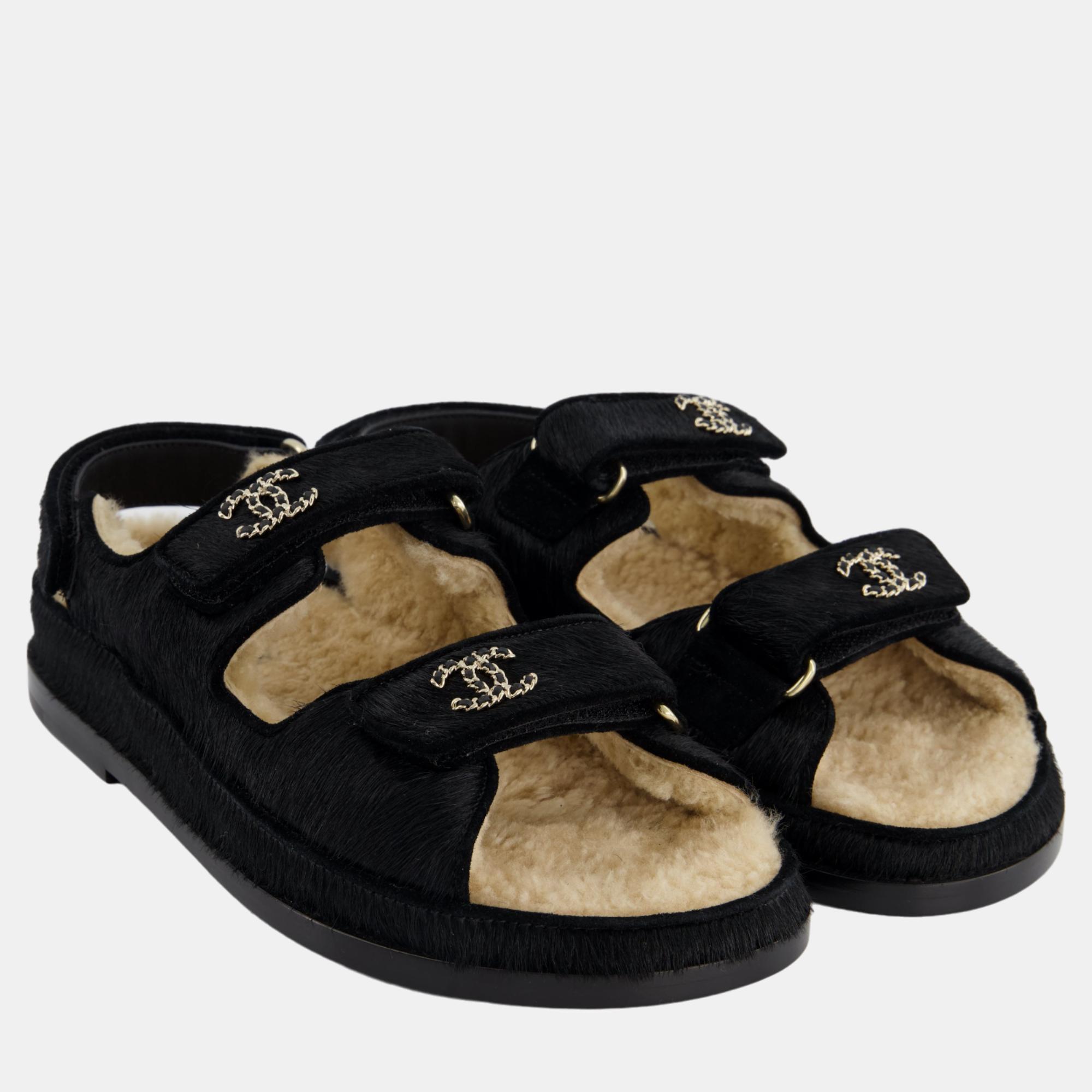

Chanel Black CC Dad Sandals in Pony Skin with Chain Logo Size