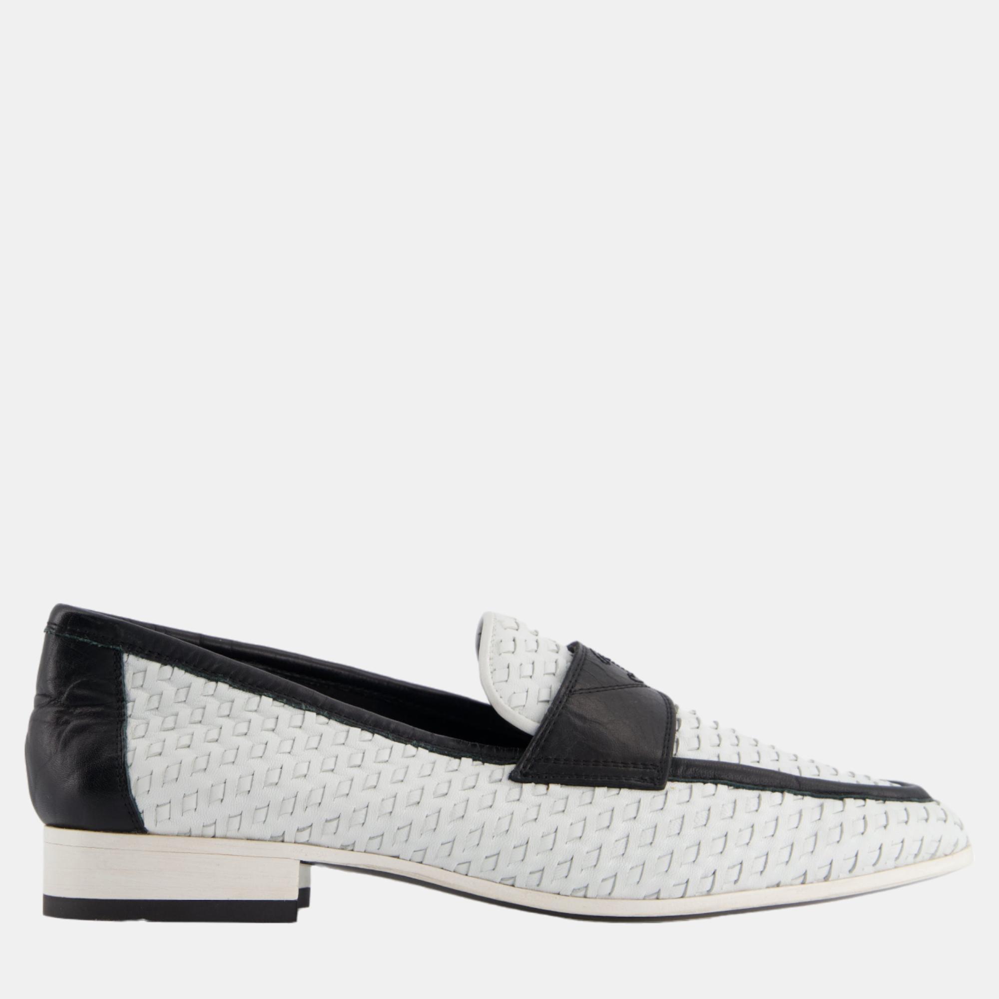 

Chanel Black, White Woven Leather Loafer with CC Logo Size