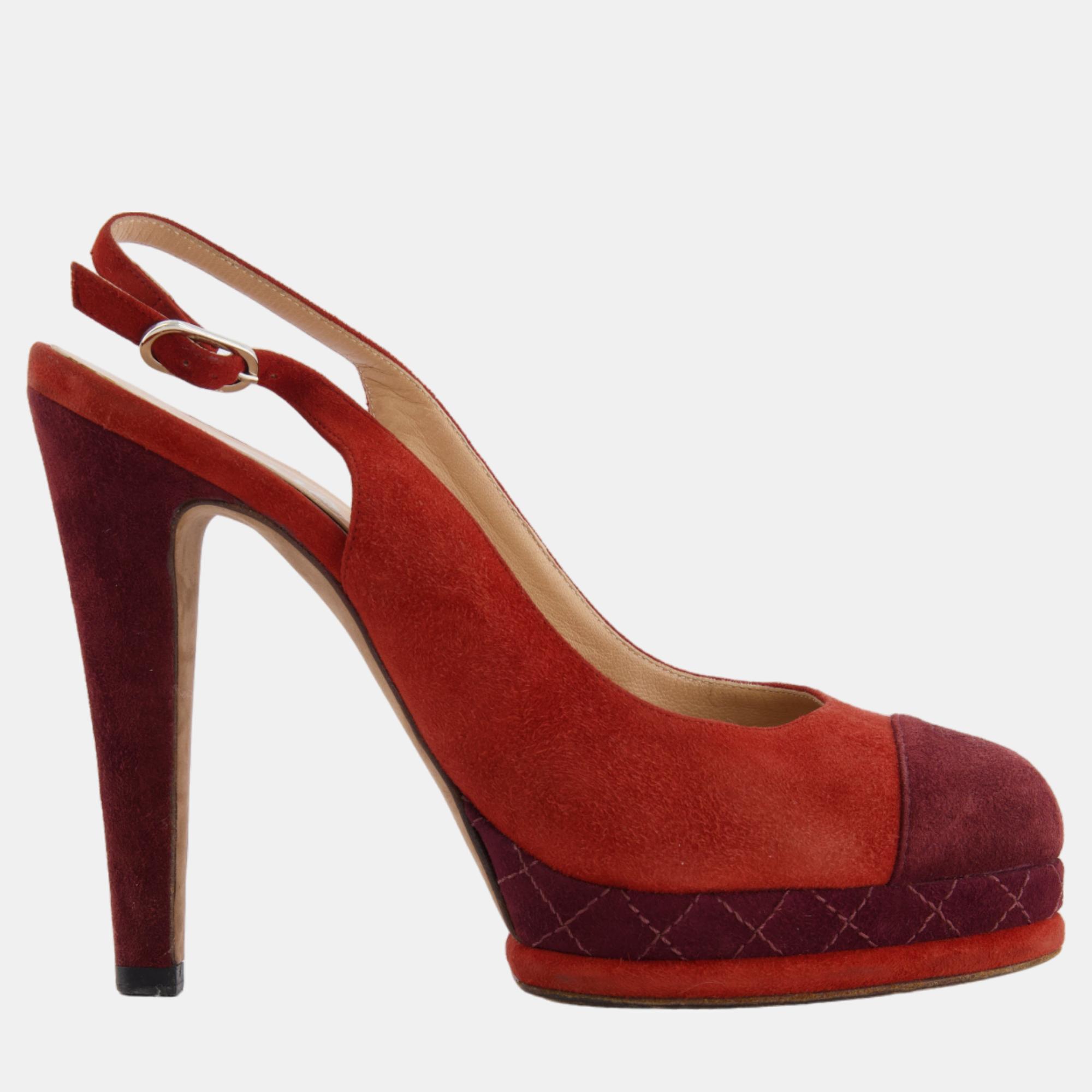 

Chanel Burnt Orange and Burgundy Suede Pumps with CC Logo Detail Size EU