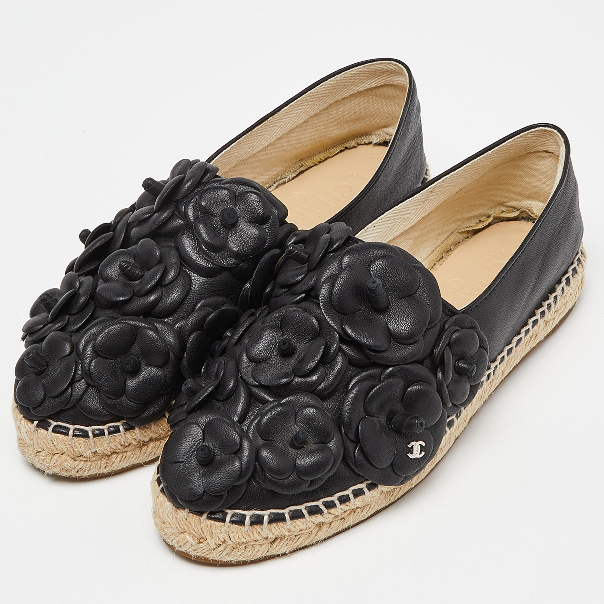 

Chanel Black Leather Camelia Espadrille Flats Size