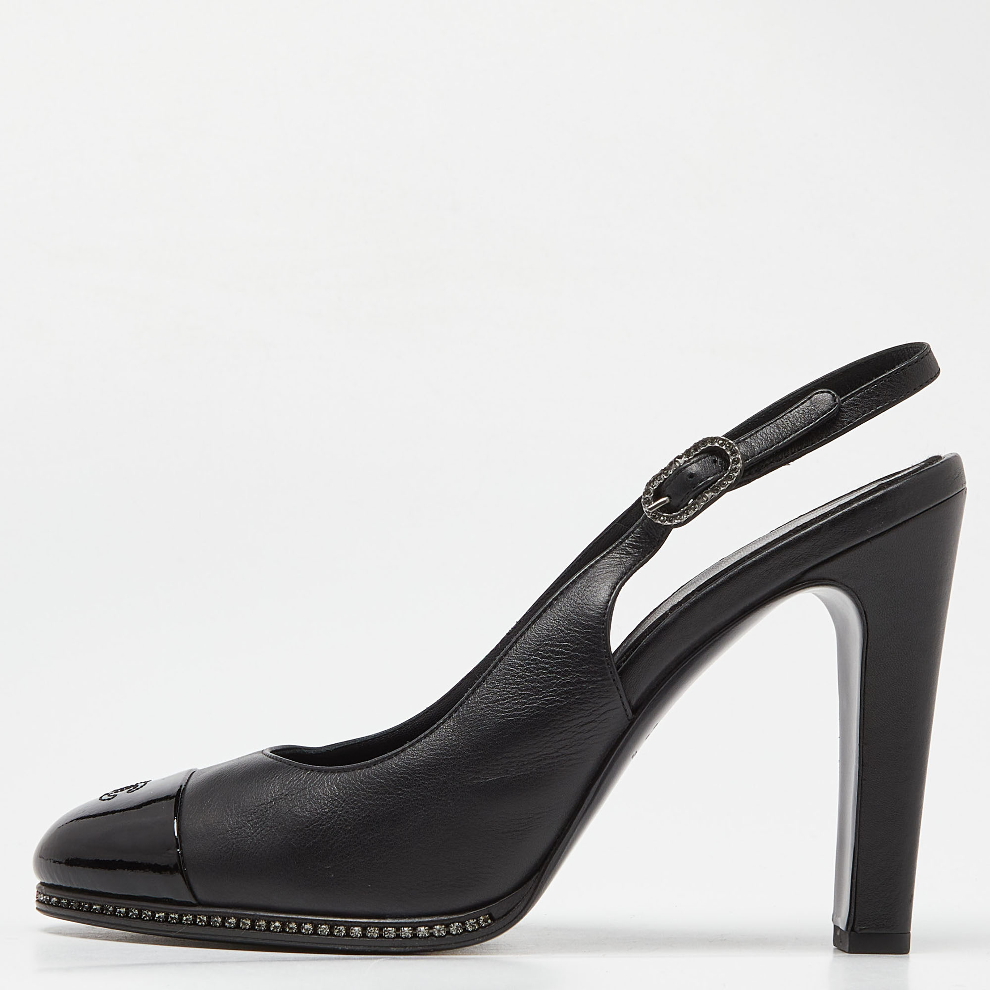 

Chanel Black Patent and Leather CC Cap Toe Slingback Pumps Size