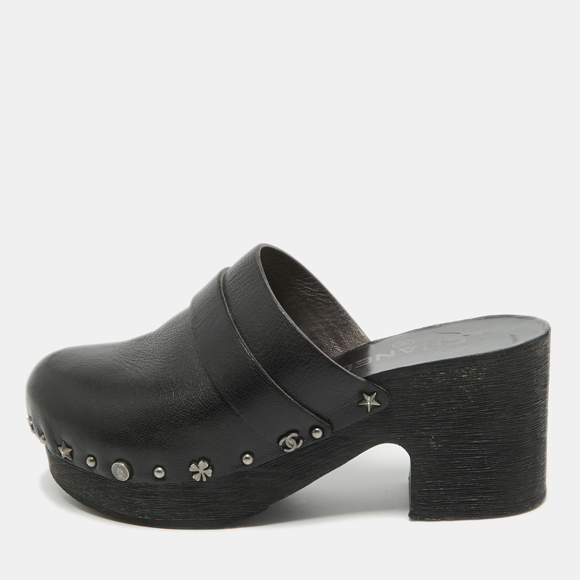 

Chanel Black Leather Studded Platform Clogs Size