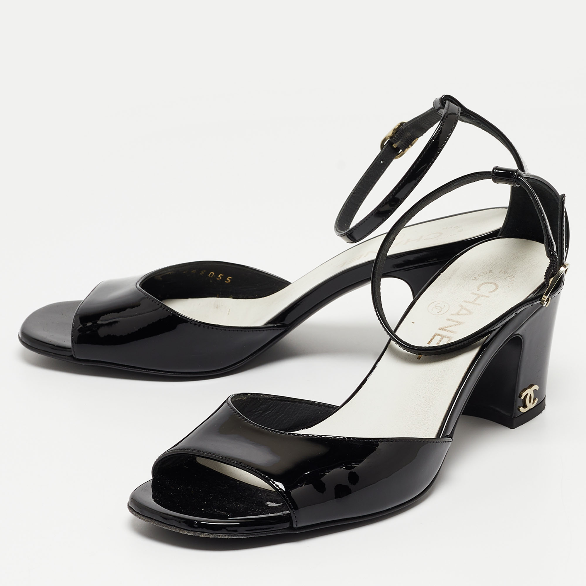 

Chanel Black Patent Leather CC Ankle Strap Sandals Size