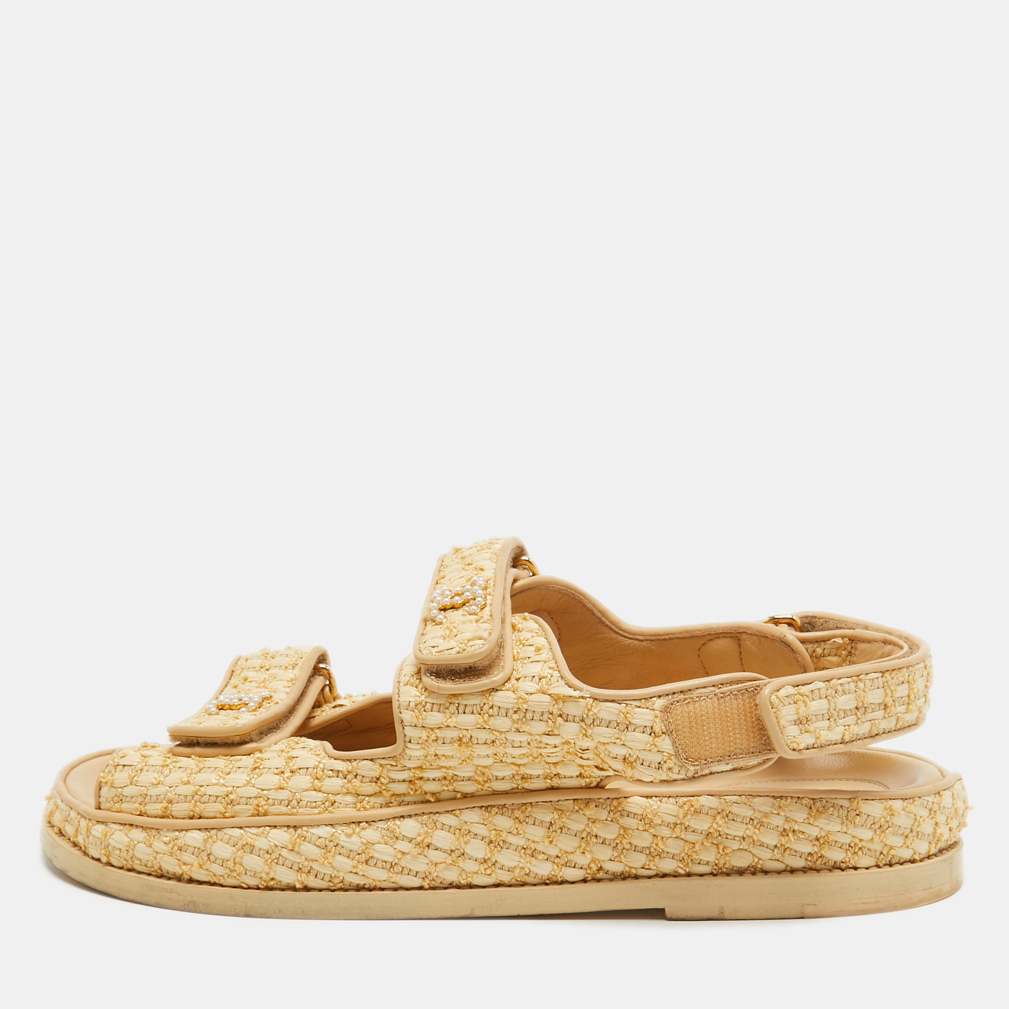 

Chanel Two Tone Raffia Dad Sandals Size, Beige