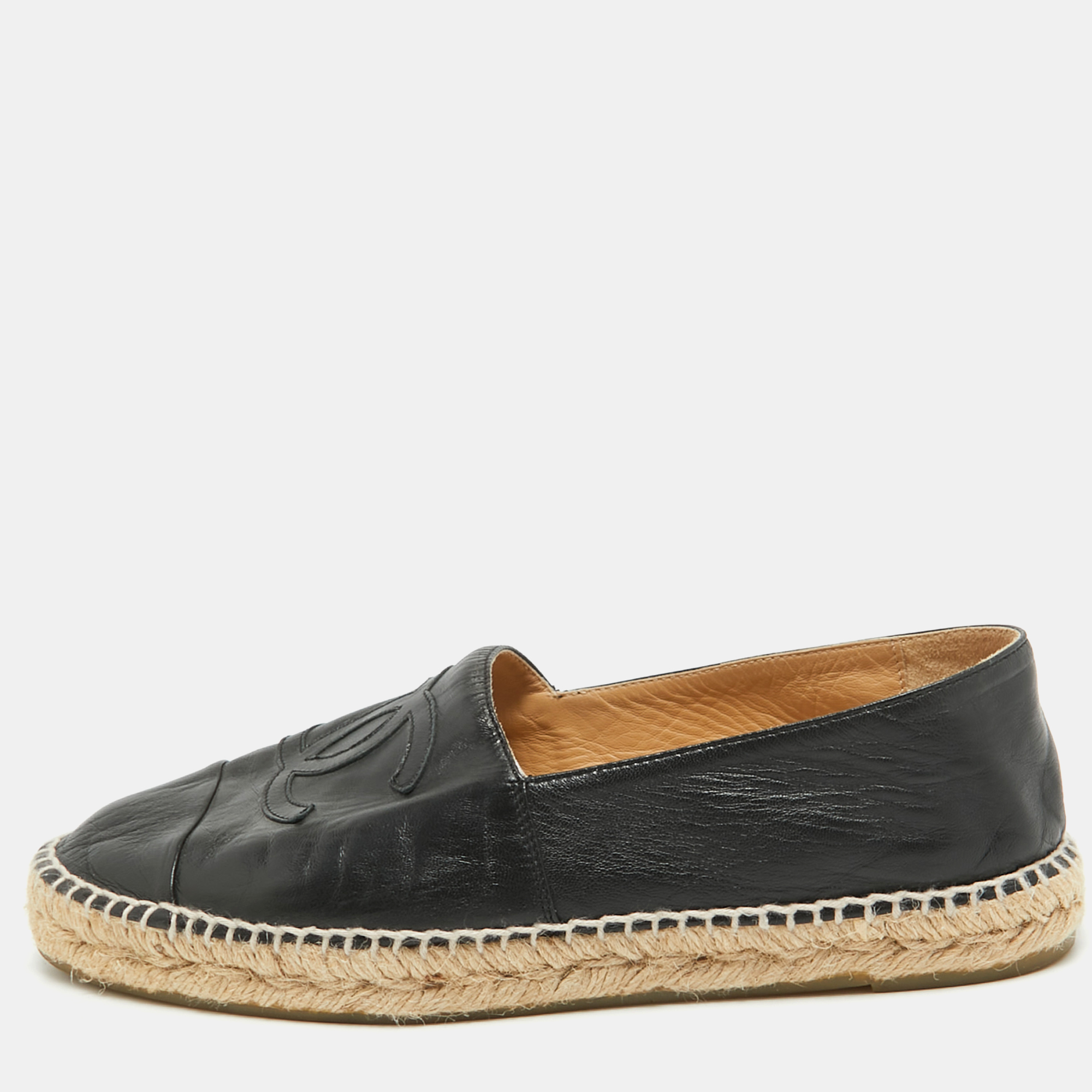 Pre-owned Chanel Black Leather Cc Espadrille Flats Size 41