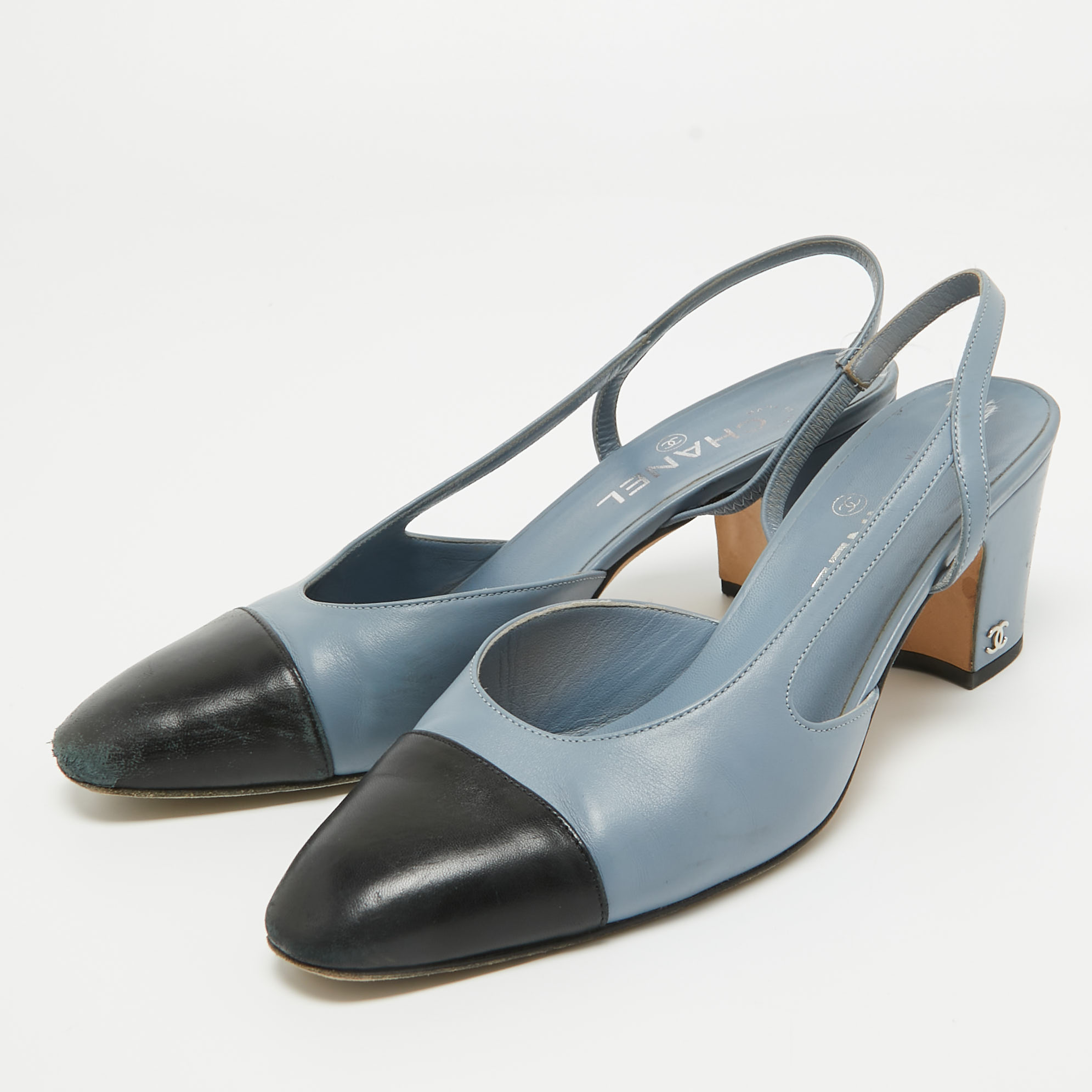 

Chanel Blue/Black Leather CC D'orsay Slingback Pumps Size