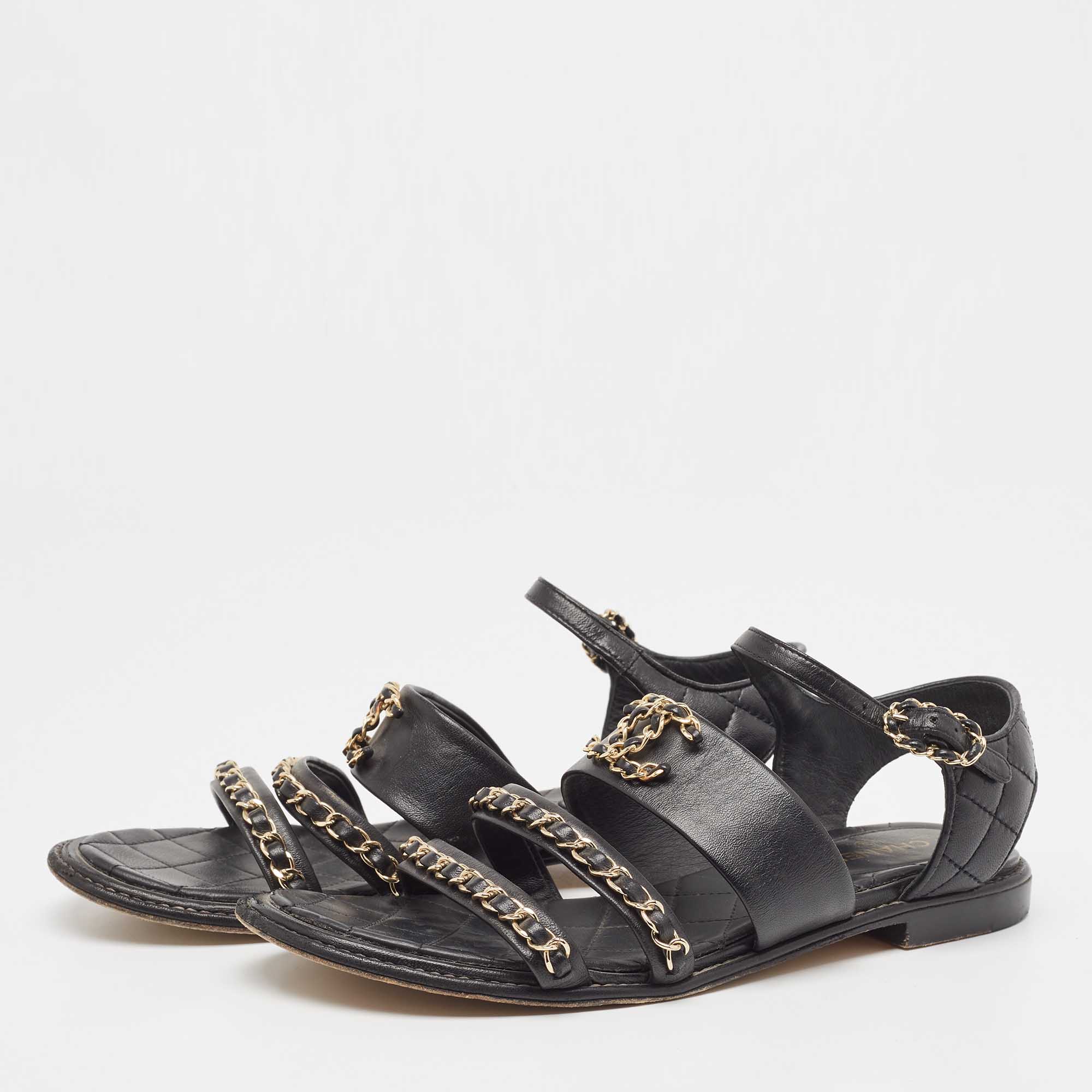 

Chanel Black Leather CC Chain Ankle Strap Sandals Size