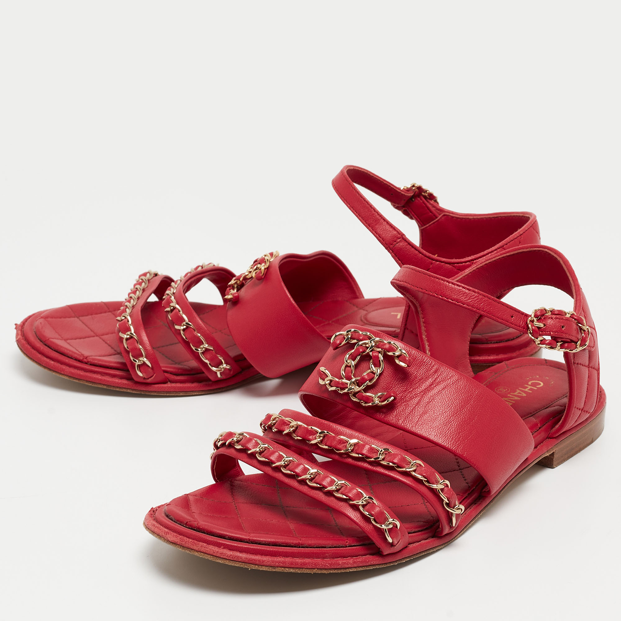 

Chanel Red Leather CC Chain Detail Ankle Strap Sandals Size