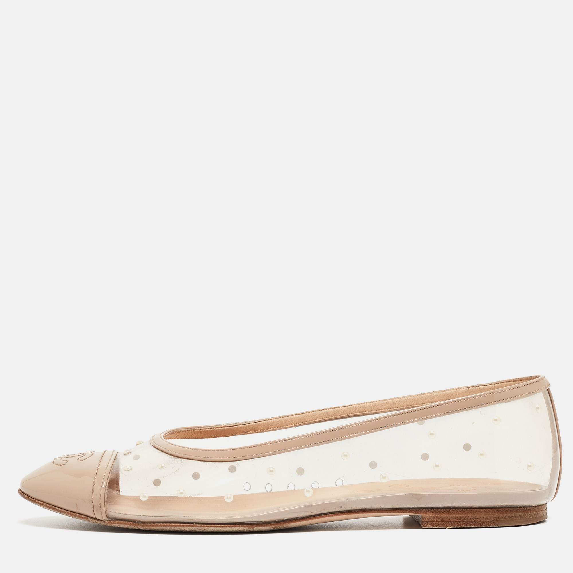 Pre Owned Chanel Beige Patent Leather and PVC Embellished Ballet Flats Size 37.5