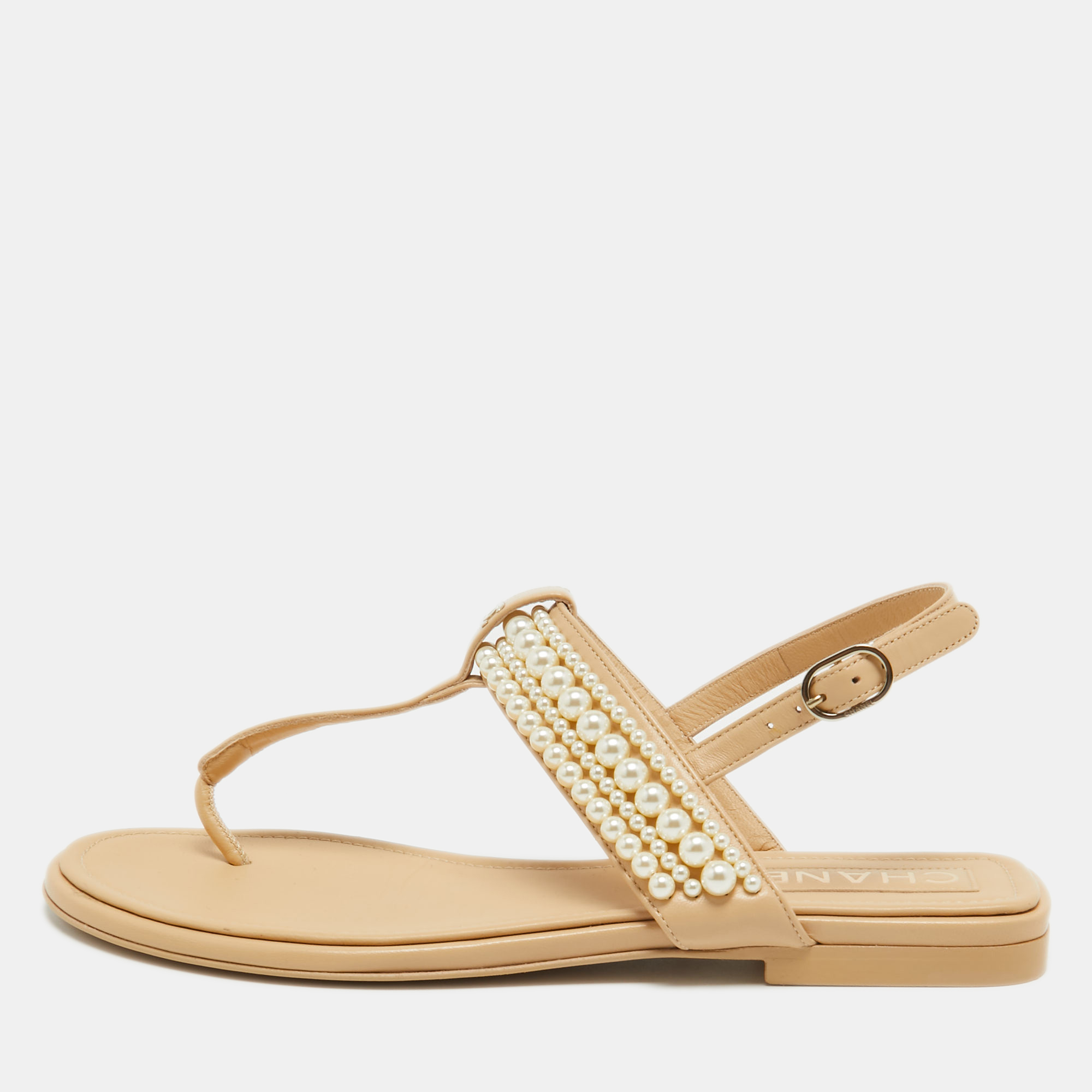 Chanel Beige Leather Faux Pearl Embellished CC Thong Slingback Flat Sandals Size 37.5
