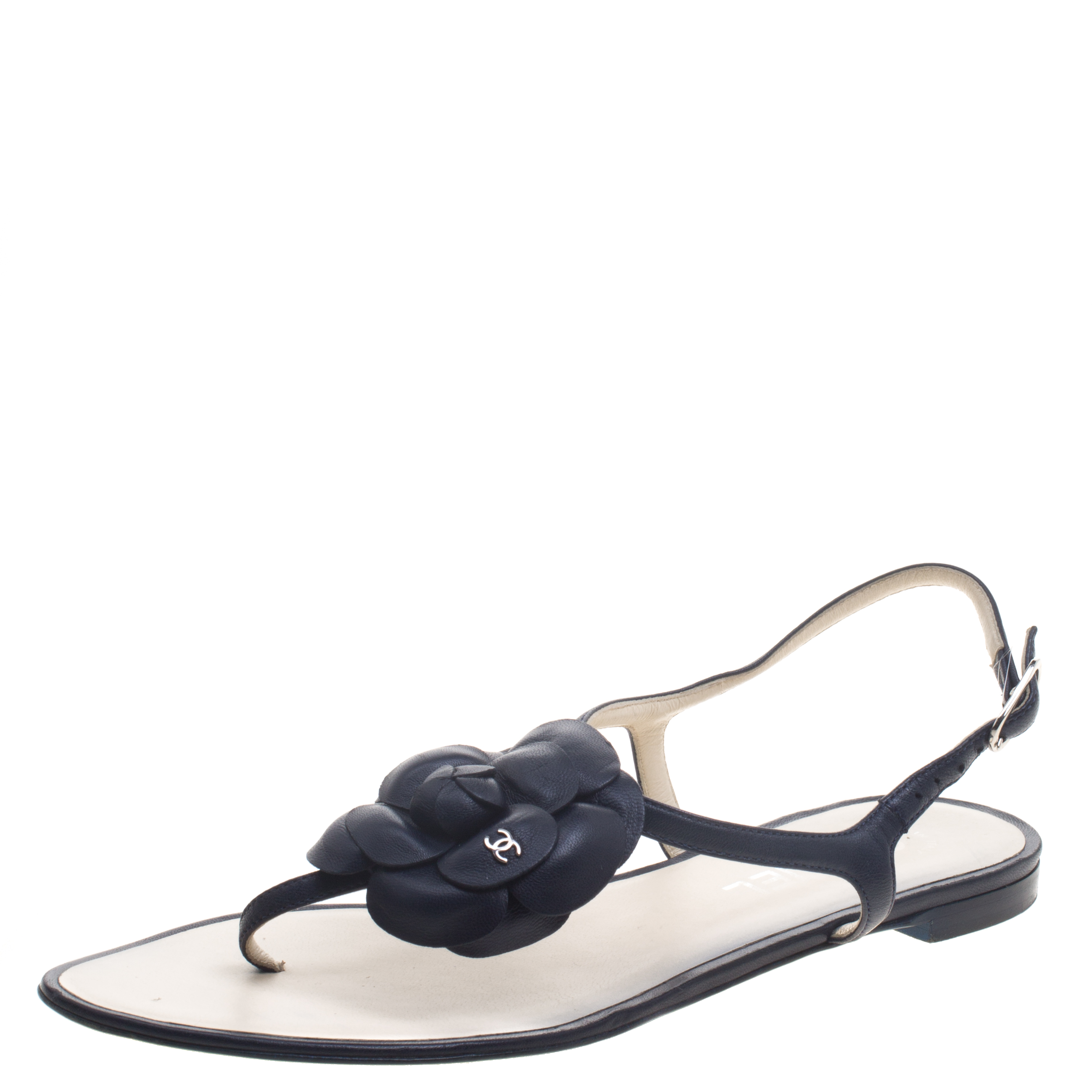 Chanel Black Leather Camellia Thong Sandals Size  Chanel | TLC