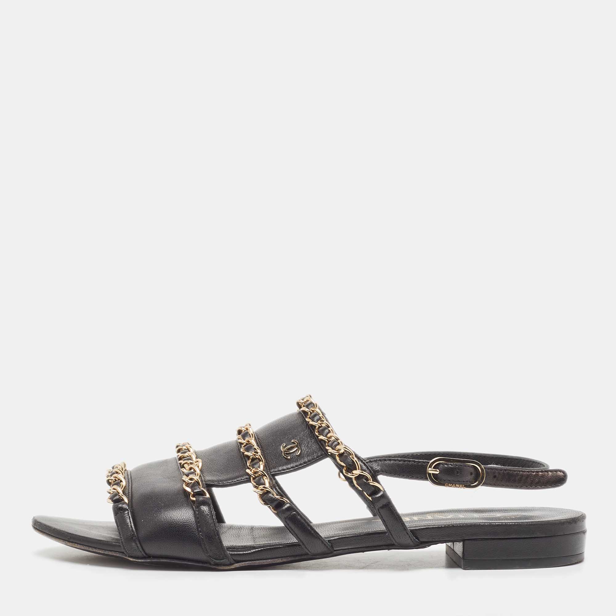 

Chanel Black Leather CC Chain Link Flat Slingback Sandals Size