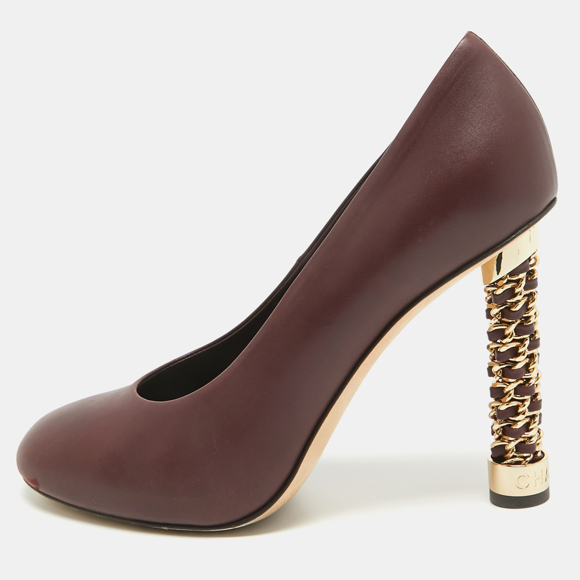 

Chanel Burgundy Leather Chain Detail Heel Pumps Size