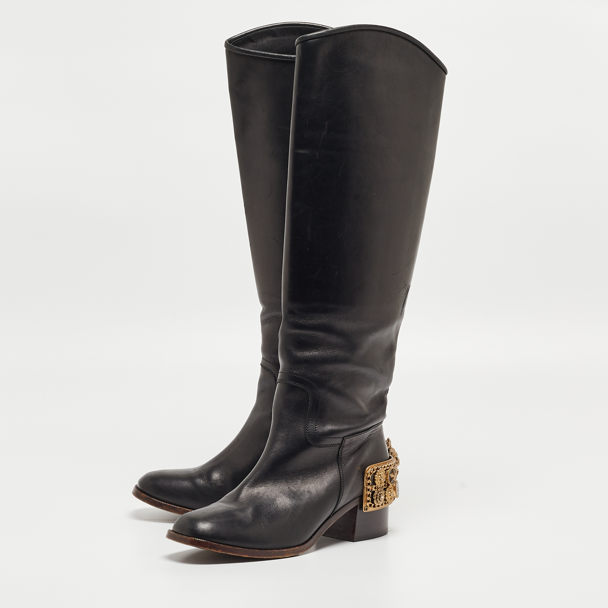 

Chanel Black Leather Lion Heel Detail Riding Boots Size