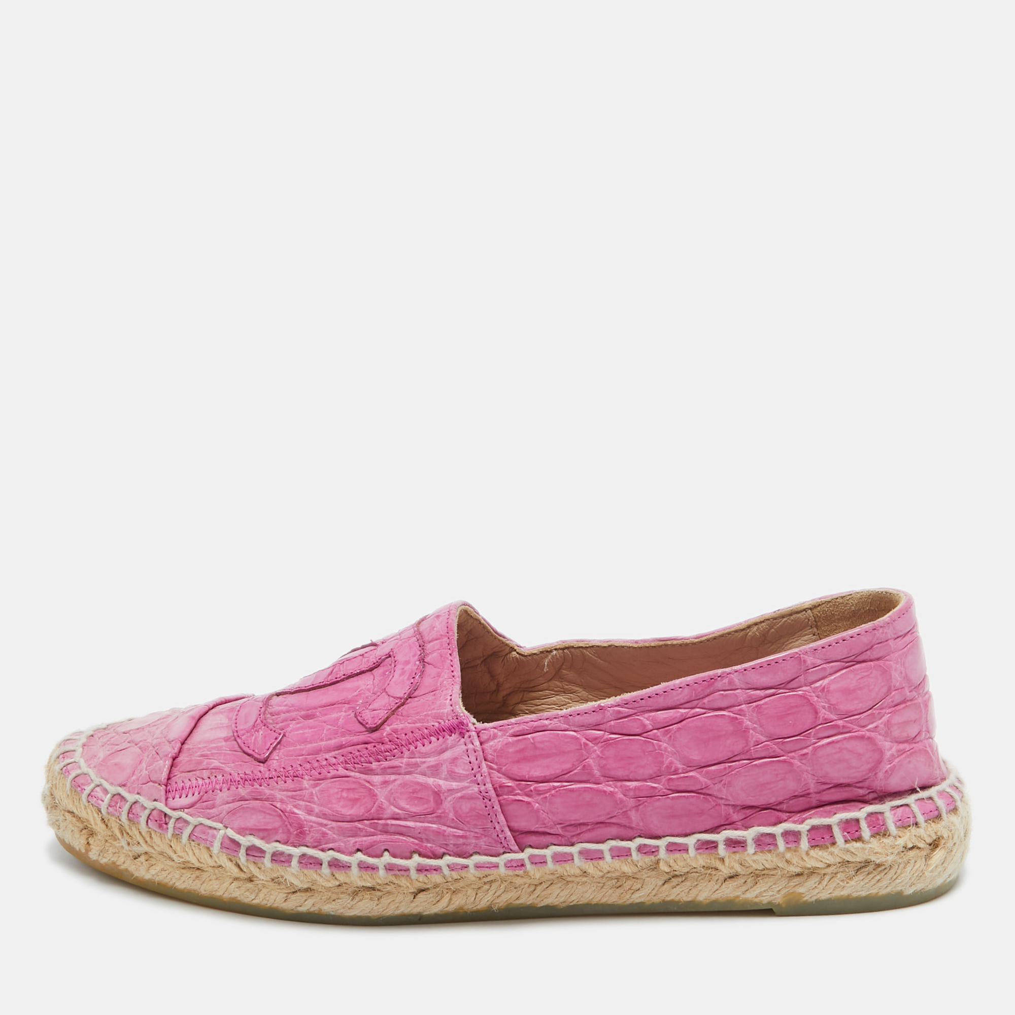 Pre-owned Chanel Pink Crocodile Cc Espadrille Flats Size 38