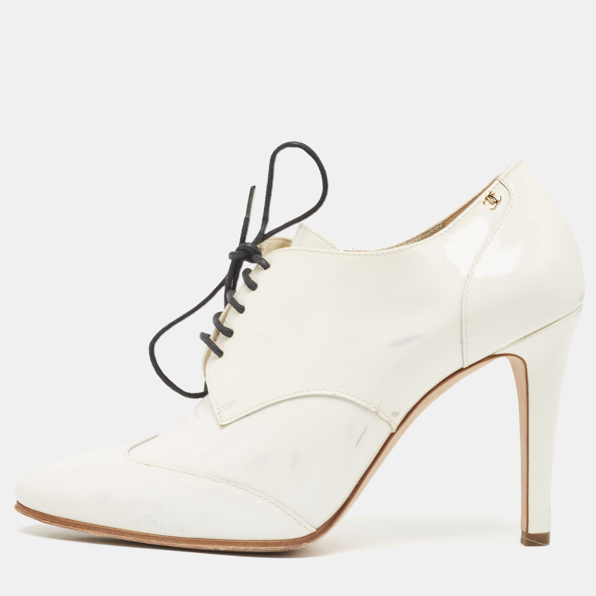 

Chanel White Patent CC Lace Booties Size, Cream