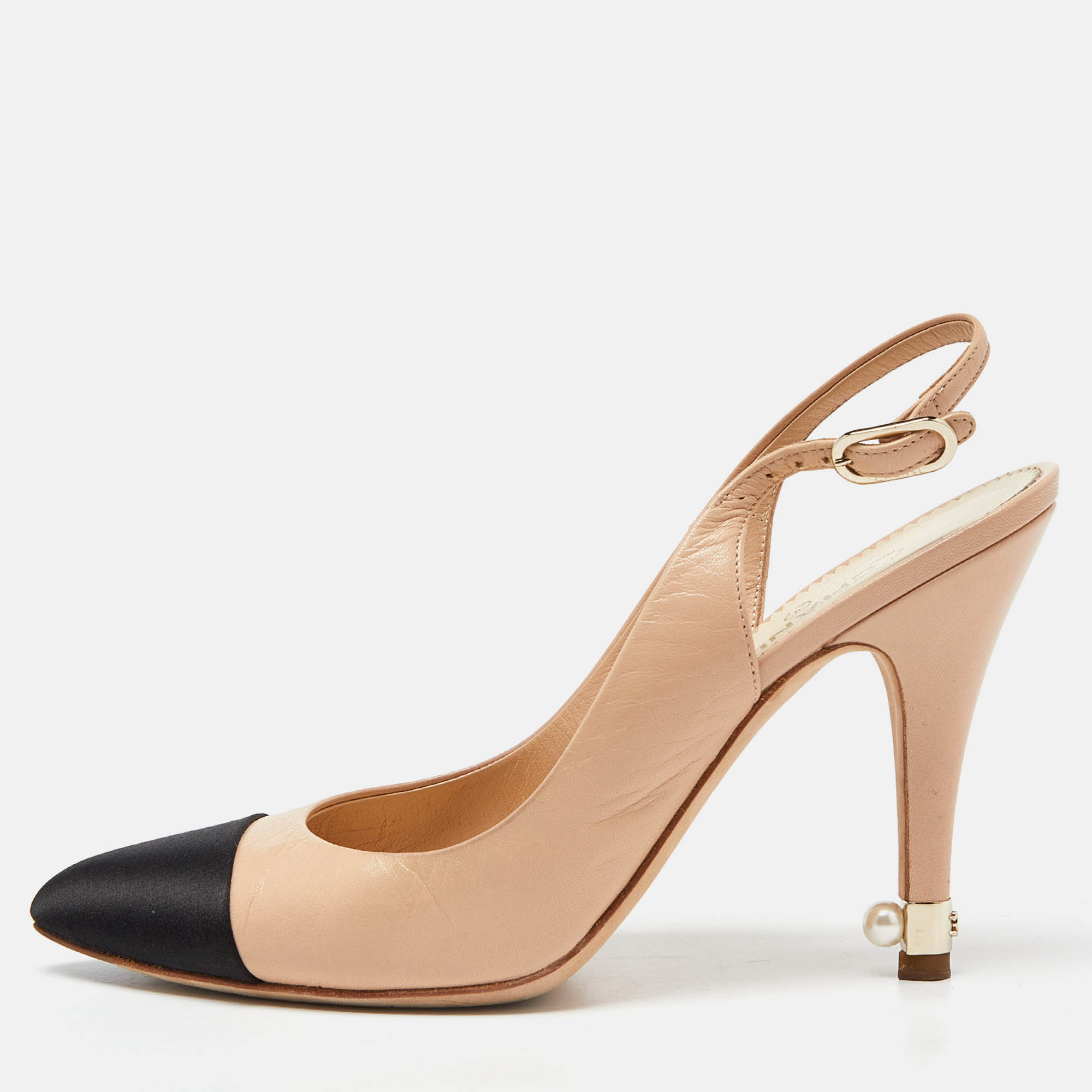 Chanel Beige/Black Leather Pointed Toe Slignback Sandals Size 38