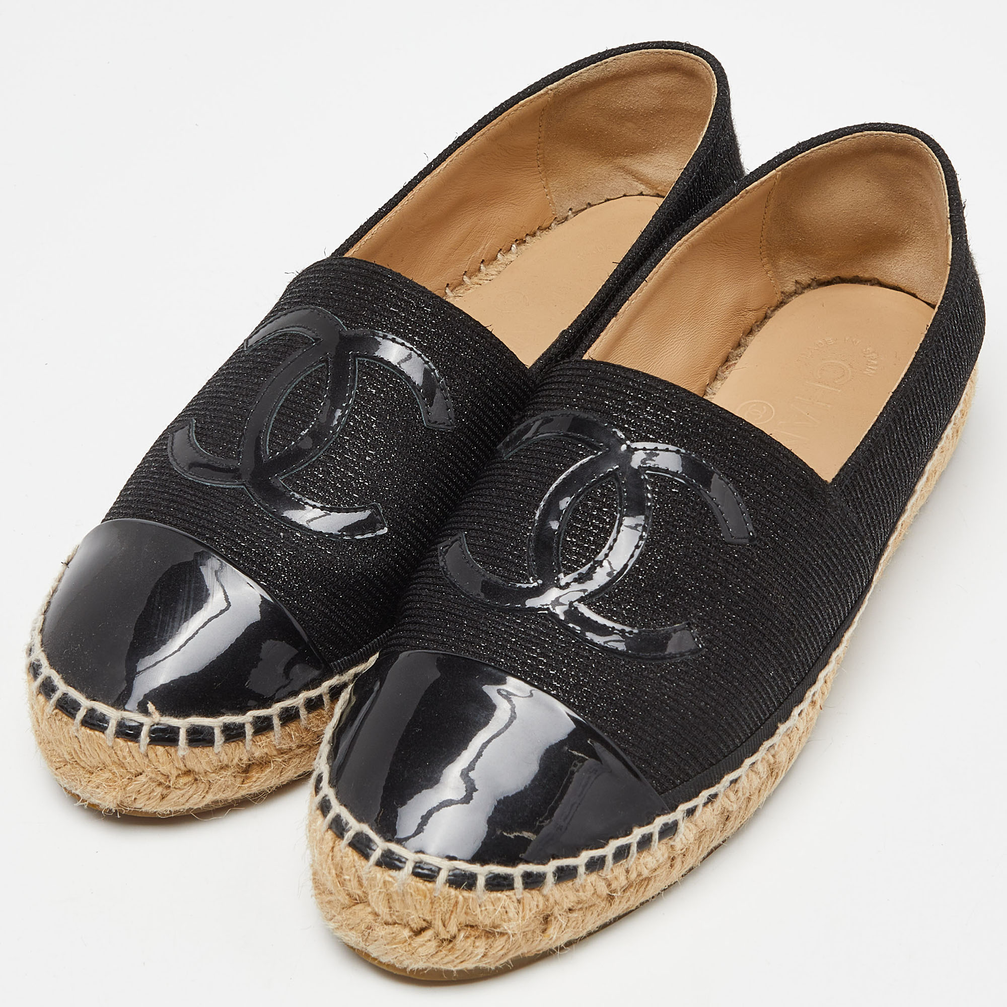 

Chanel Black Lurex Fabric and Patent Leather CC Espadrille Flats Size