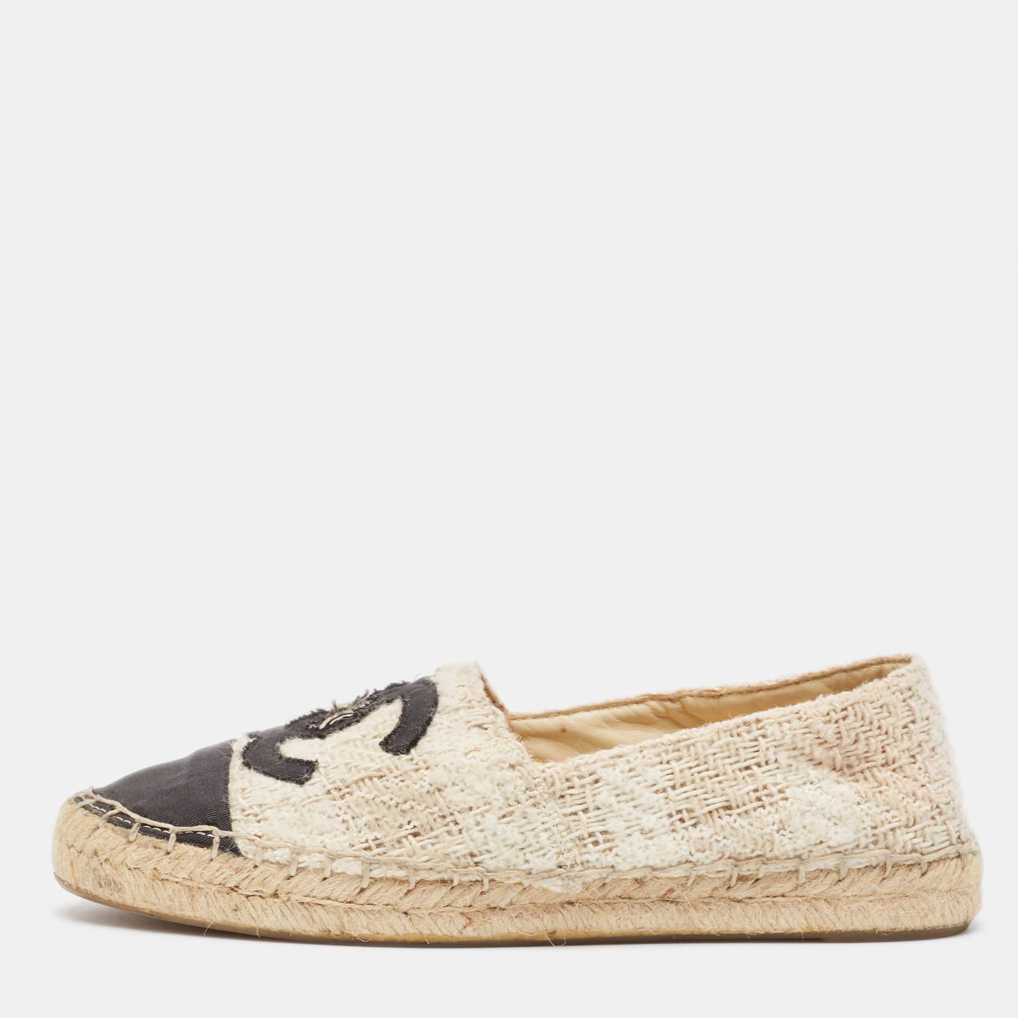 

Chanel Beige/Black Tweed and Fabric CC Espadrille Flats Size