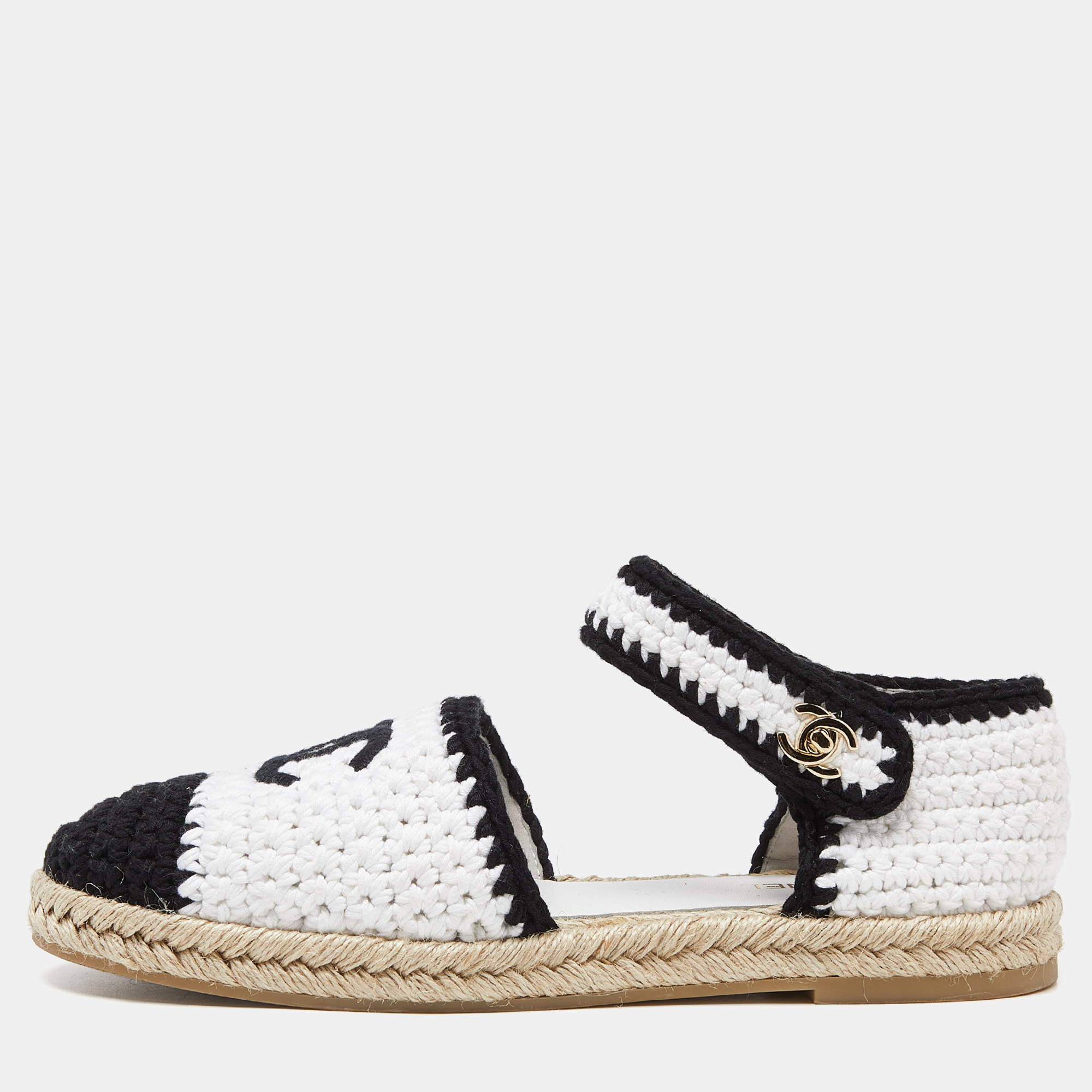 

Chanel White/Black Crochet Cotton Blend Ankle Strap Espadrilles Size