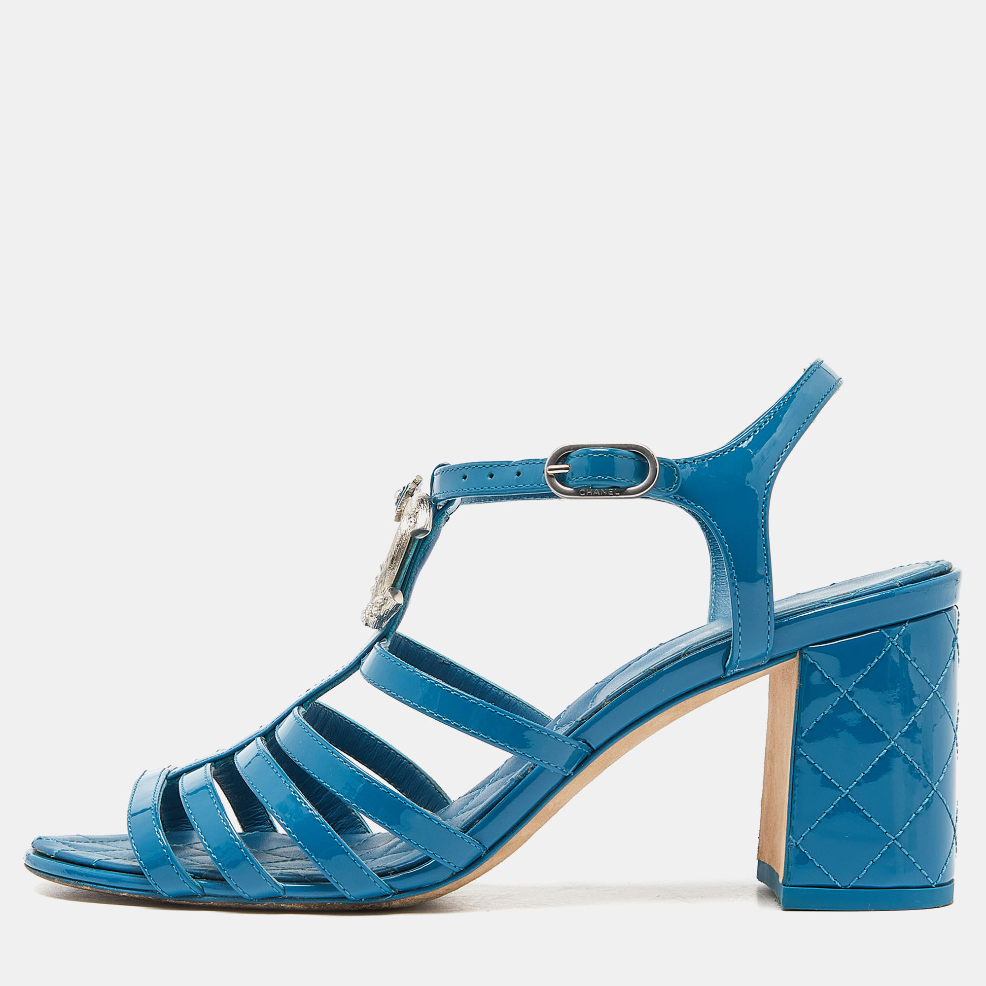 

Chanel Blue Patent Leather CC Block Heel Strappy Sandals Size