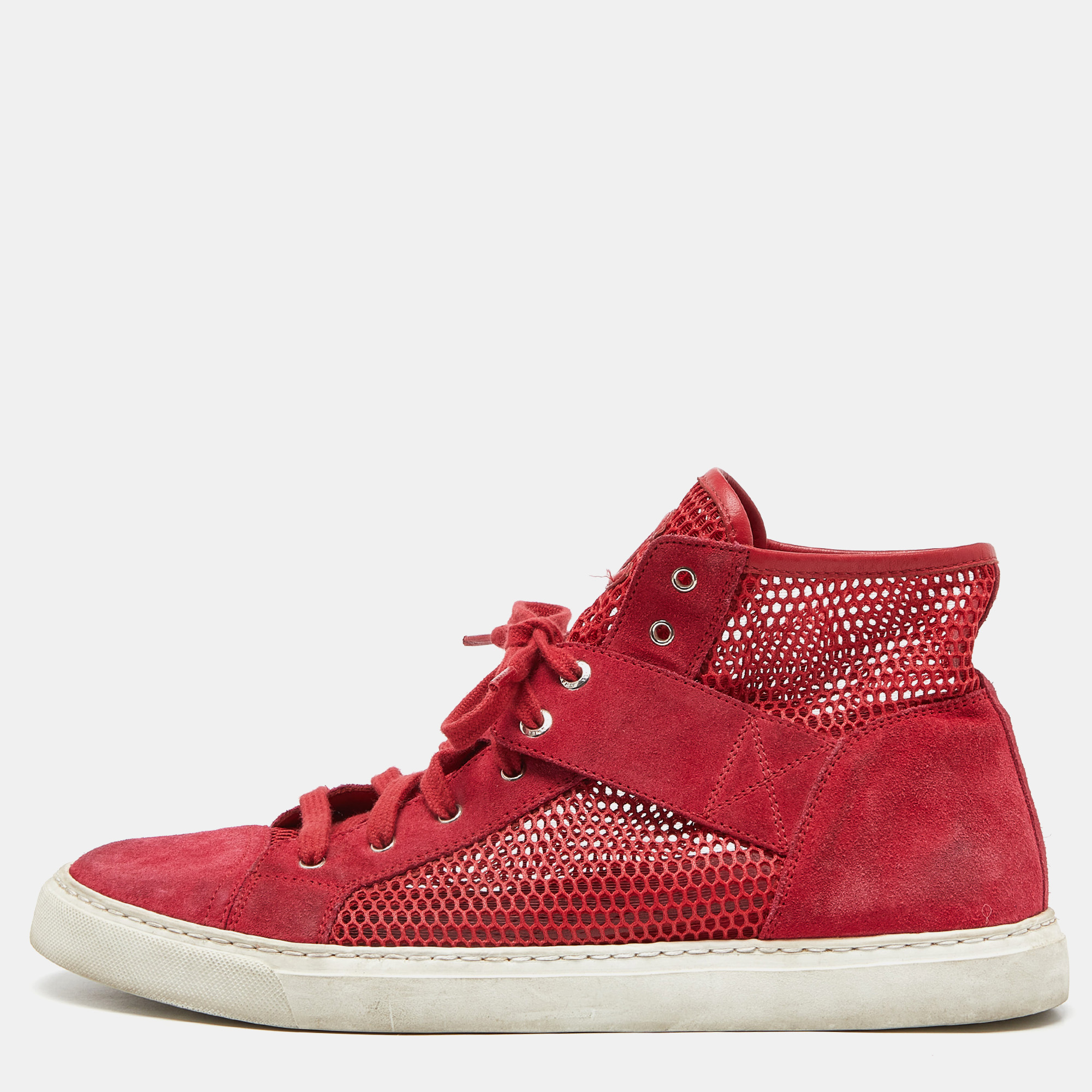 Pre-owned Chanel Red Suede And Mesh High Top Sneakers Size 41.5
