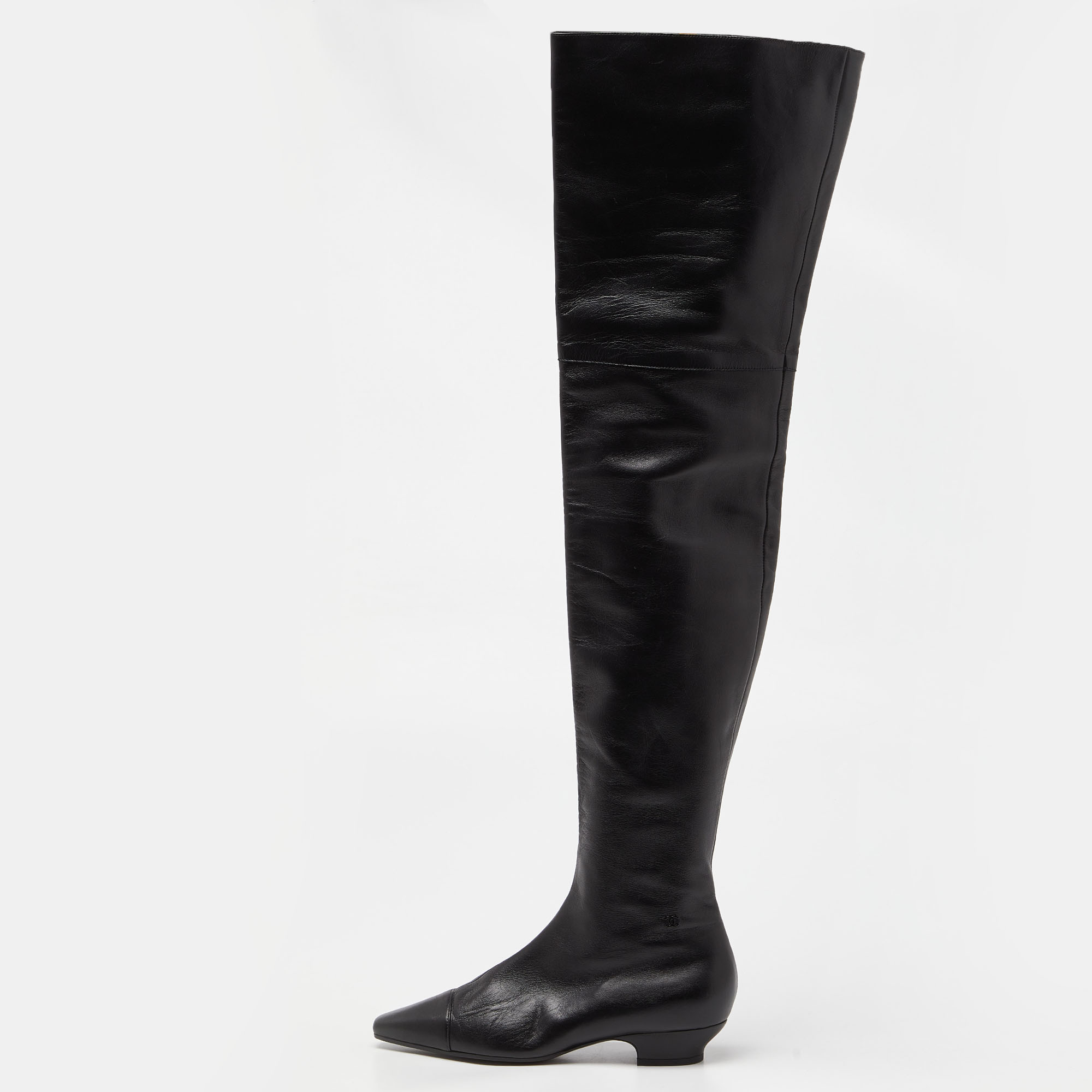 

Chanel Black Leather Thigh High Boots Size