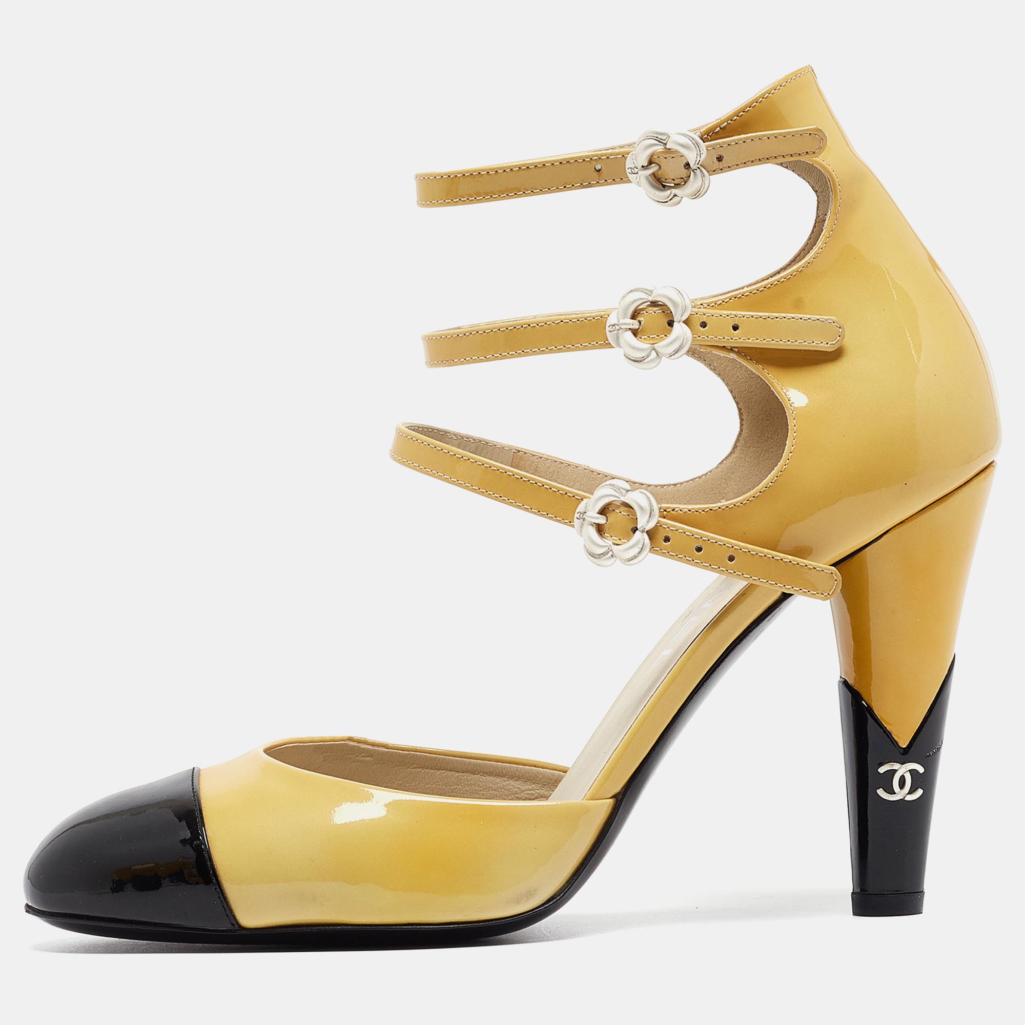 

Chanel Beige/Black Patent Camellia Ankle Strap Pumps Size, Yellow