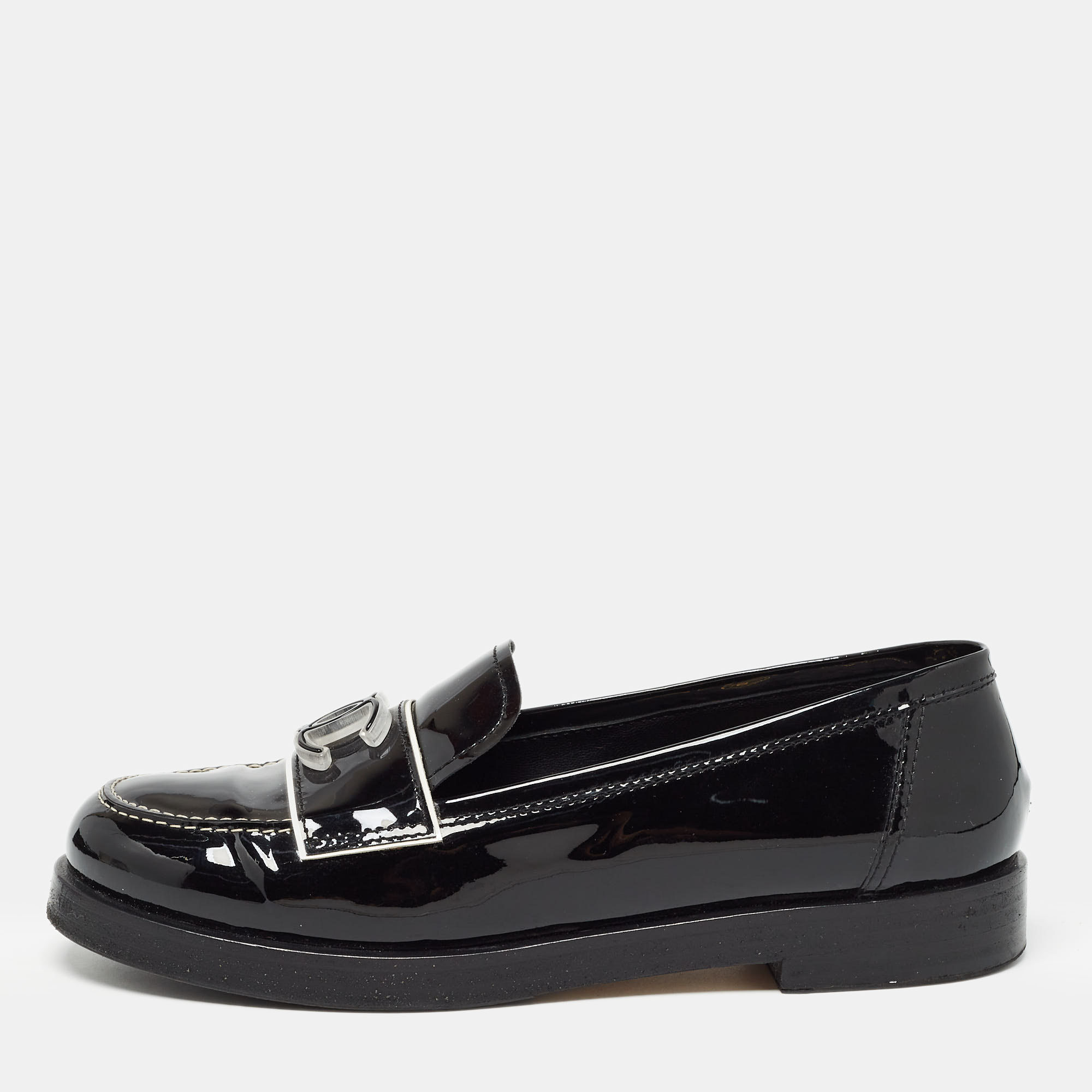 Chanel Black Patent Leather CC Slip On Loafers Size 38.5