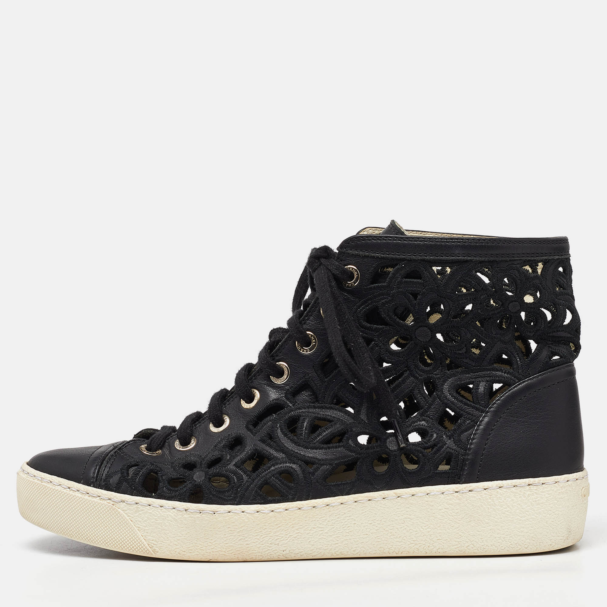 

Chanel Black Leather and Lace Cut Out High Top Sneakers Size