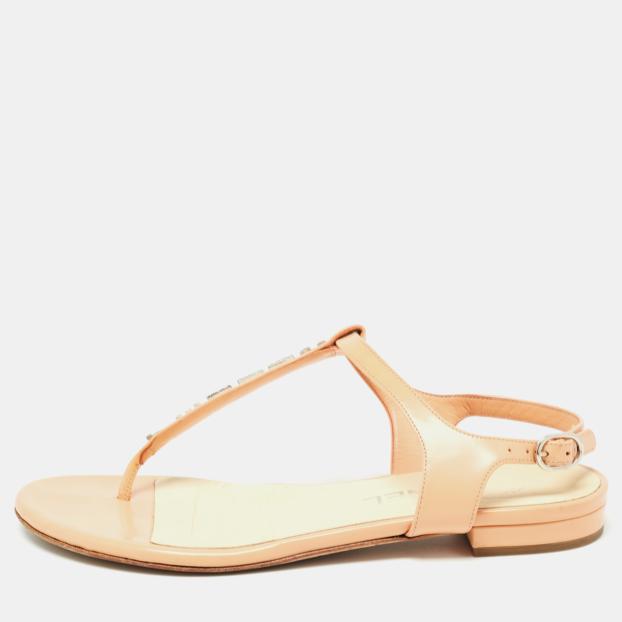 

Chanel Beige Leather Thong Ankle Strap Flat Sandals Size