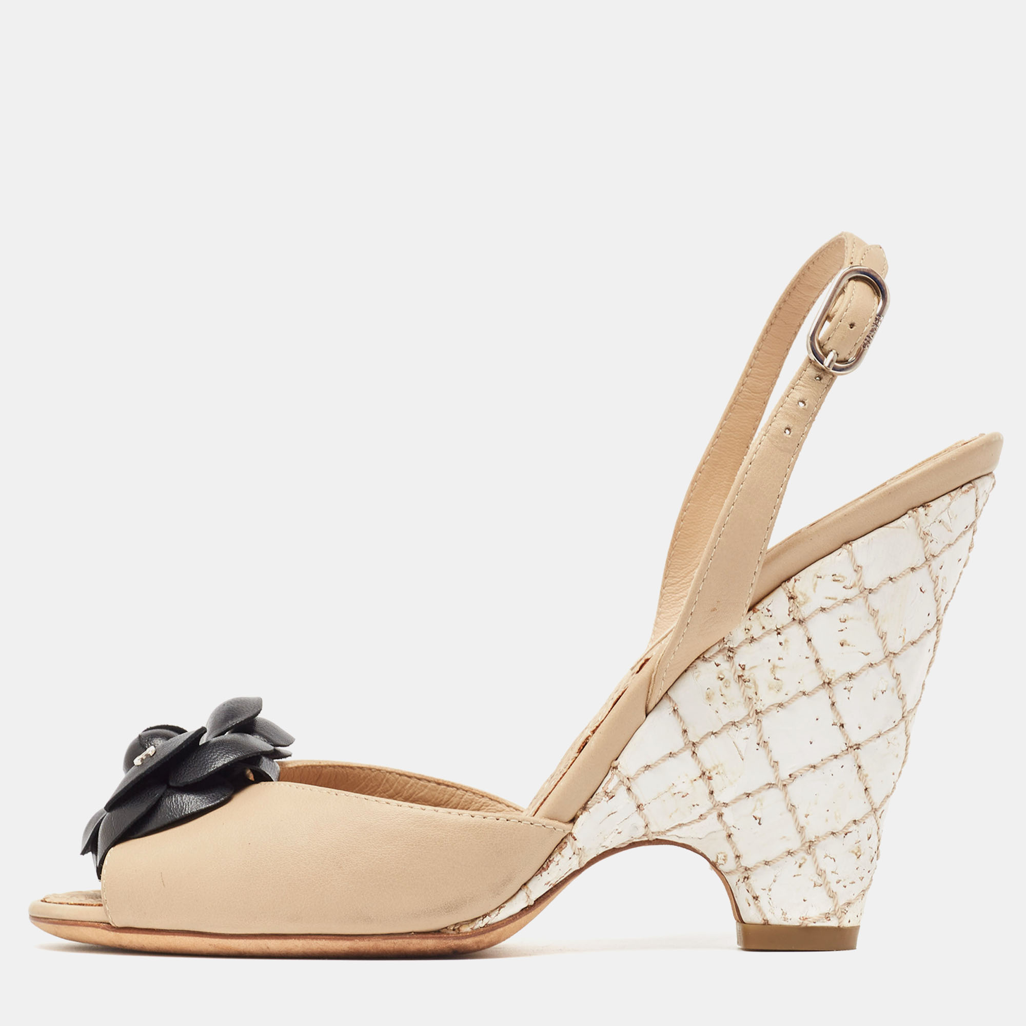 

Chanel Beige Leather CC Camellia Cork Wedge Ankle Strap Sandals