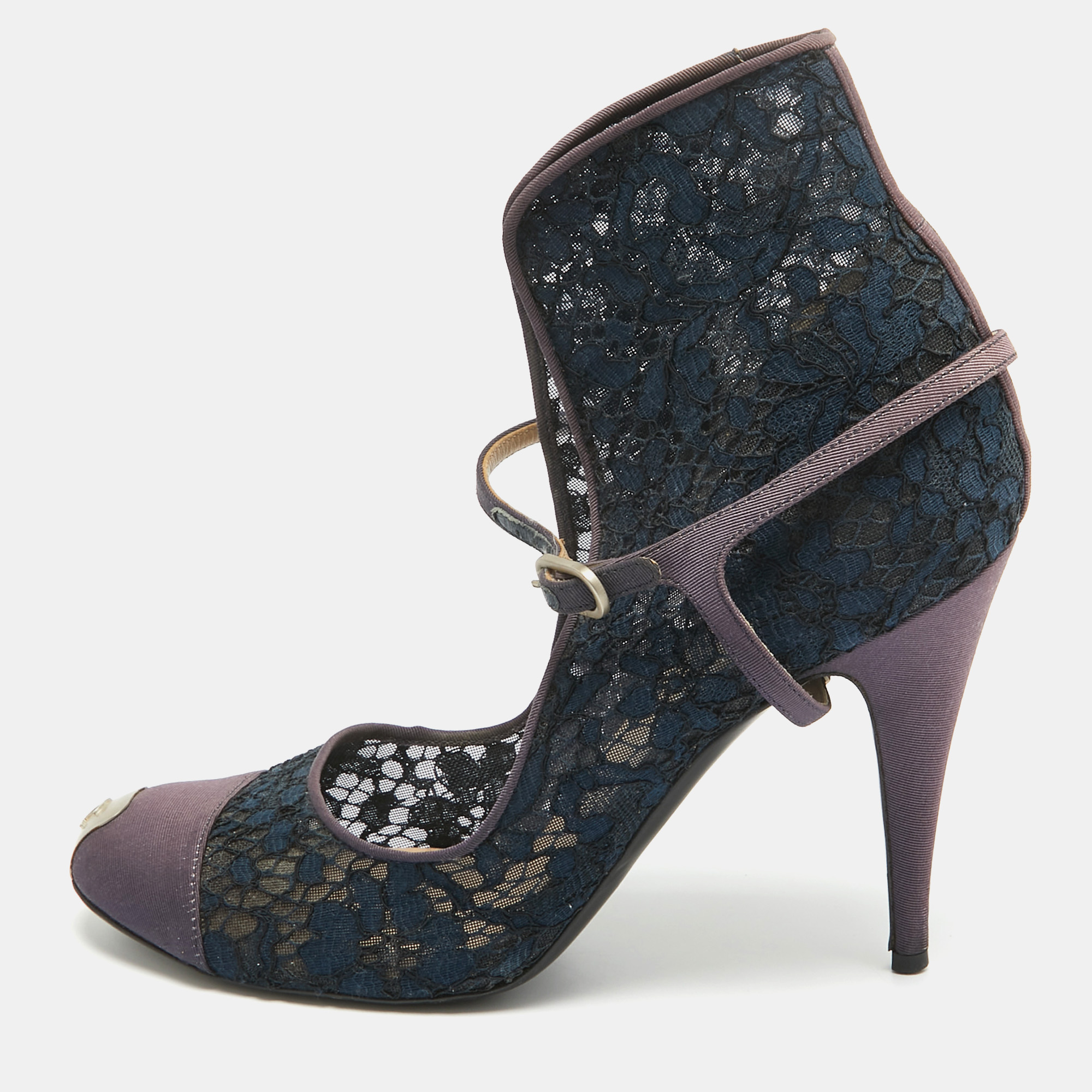 

Chanel Purple/Blue Mesh and Canvas Ankle Strap Pumps Size, Navy blue