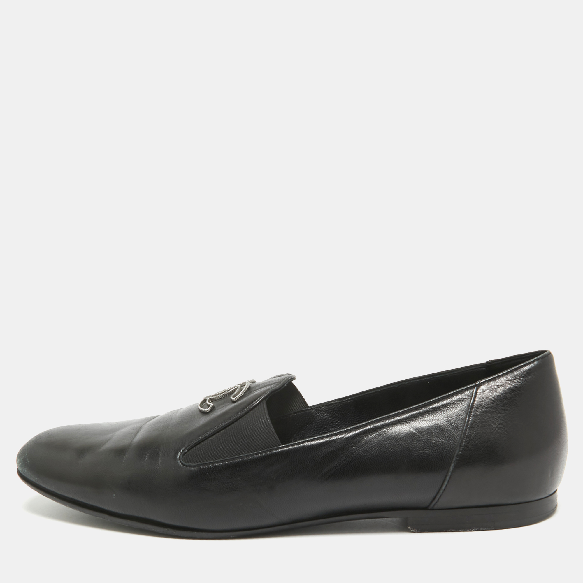 

Chanel Black Leather CC Slip On Loafers Size