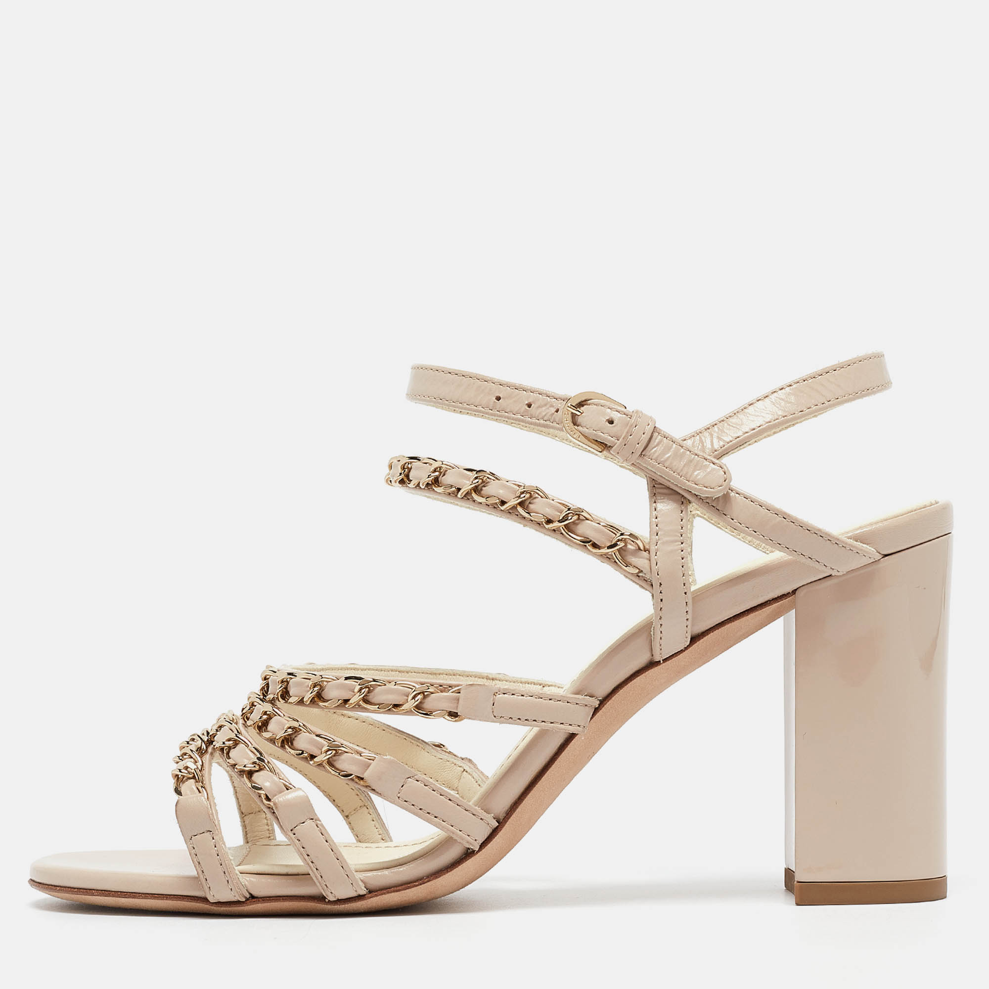 

Chanel Cream Leather Chain Detail Ankle Strap Sandals Size