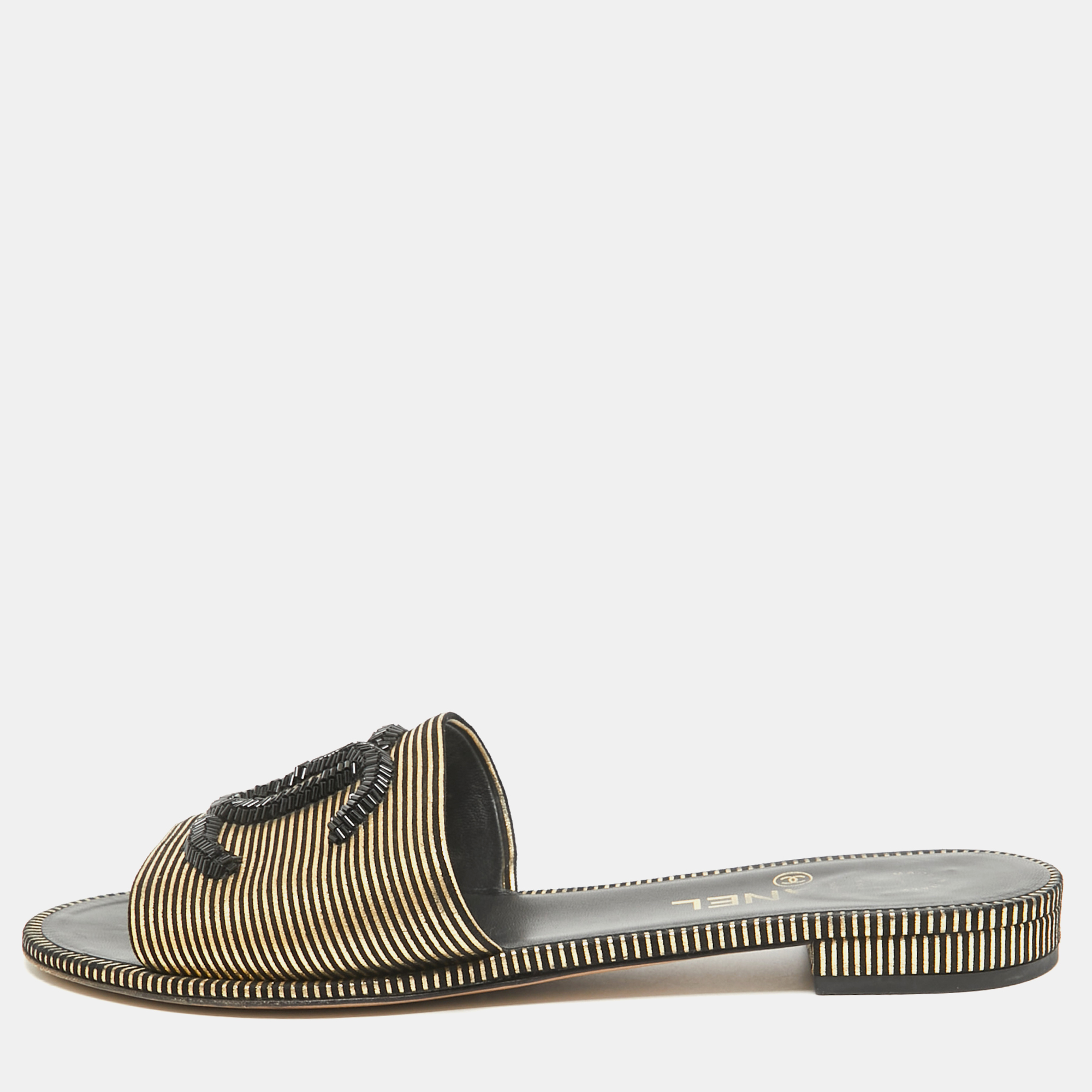 

Chanel Gold/Black Texture Suede Flat Slides Size